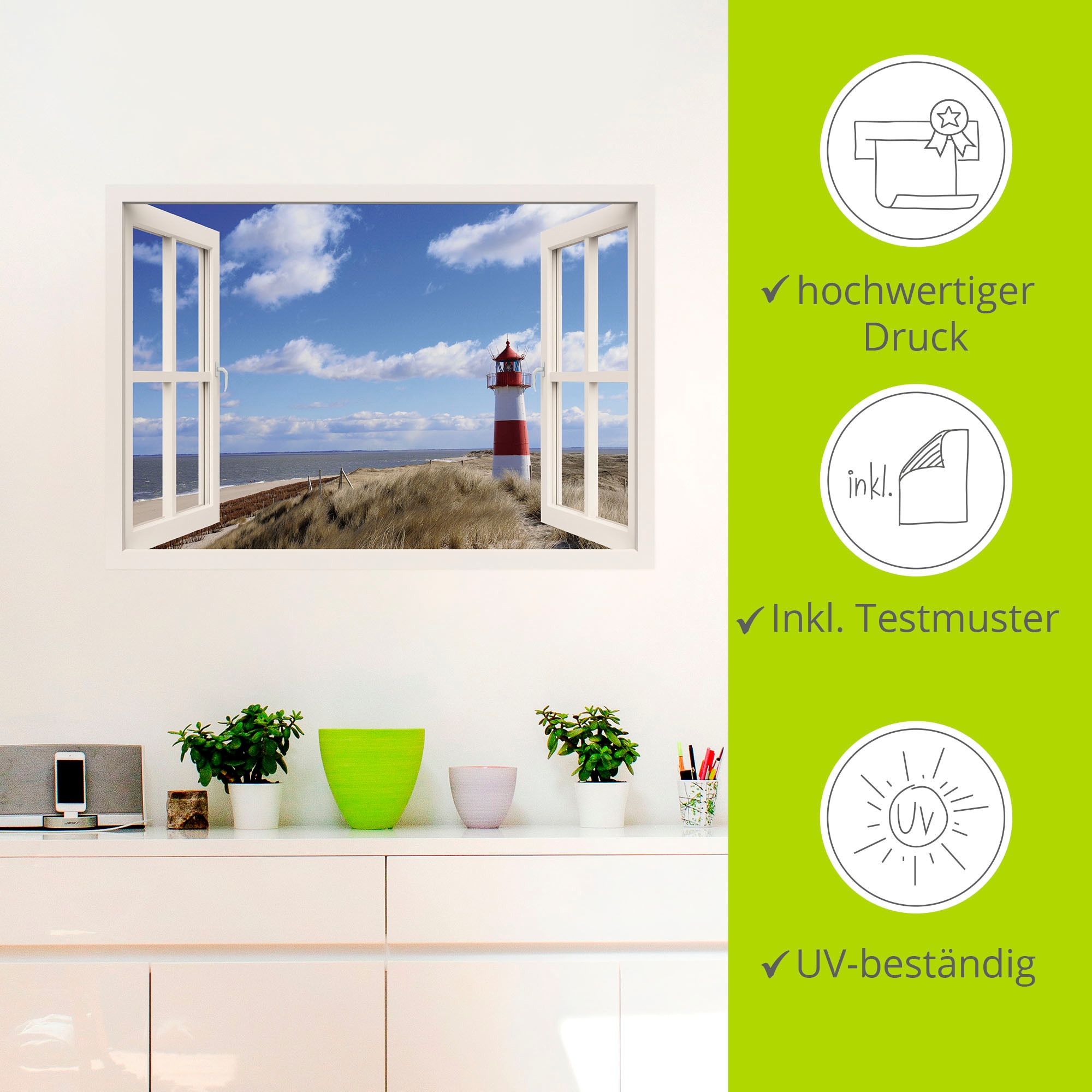 Artland Wandbild »Fensterblick - Leuchtturm Sylt«, Fensterblick, (1 St.), als Leinwandbild, Poster, Wandaufkleber in verschied. Größen
