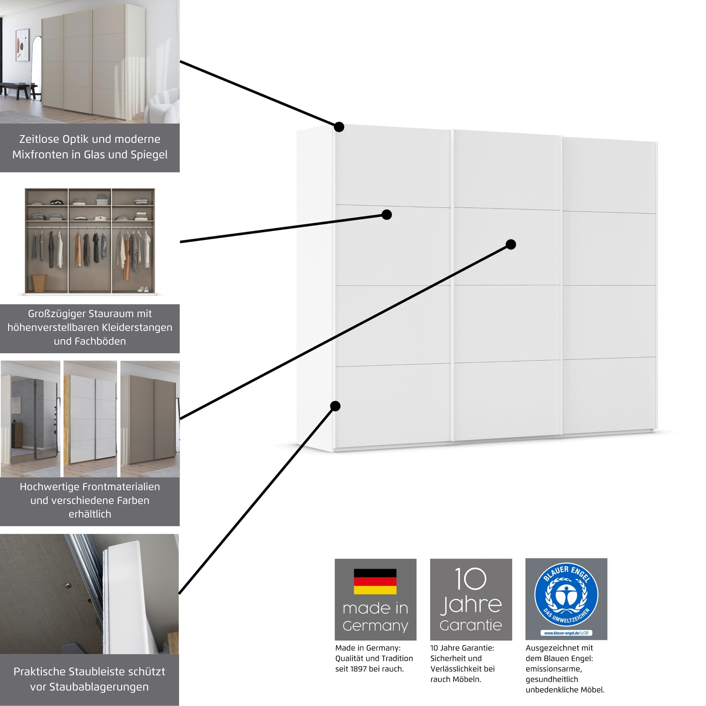 rauch Schwebetürenschrank »Kleiderschrank Schrank Garderobe Schlafzimmerschrank SCALE-FYRA«, edle Türen viergeteilt Glas matt/glänzend viele Farben MADE IN GERMANY