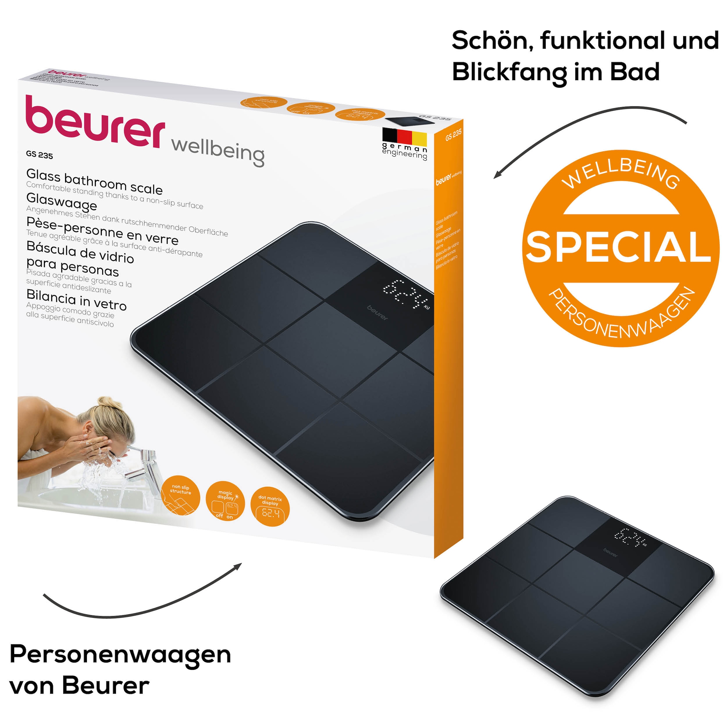BEURER Personenwaage »GS 235 Glaswaage mit Magic-LED Display - erscheint nur bei Messung«, Elegante Oberfläche mit matter Fliesenstruktur, Tragkraft bis 180 kg