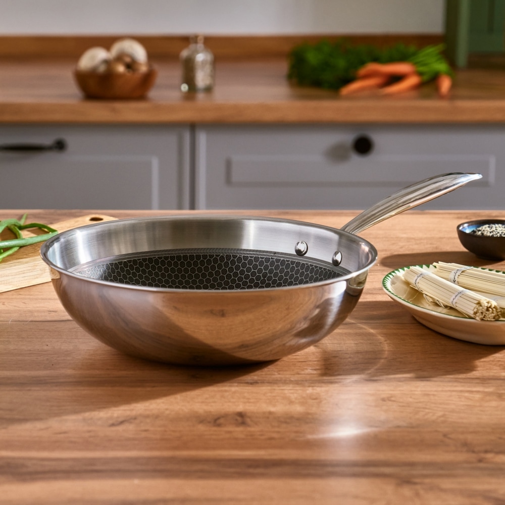 RESTO Kitchenware Wok »Achird tiefe Pfanne aus Tri-Ply (Edelstahl + Aluminium + Edelstahl)«, Edelstahl 18/10, (1 tlg.), Energieeinsparung 25% durch die dreilagige Basis, ofenfest