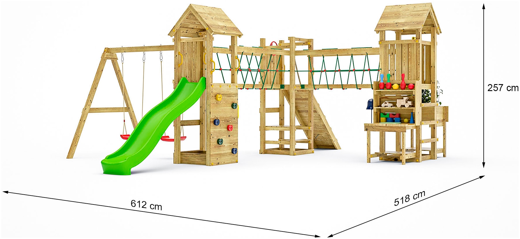 FUNGOO Spielturm »Maxi Funny Optimizer, mit Rutsche, Schaukeln, Kletterwand + Seilbrücke«, Made in Europe