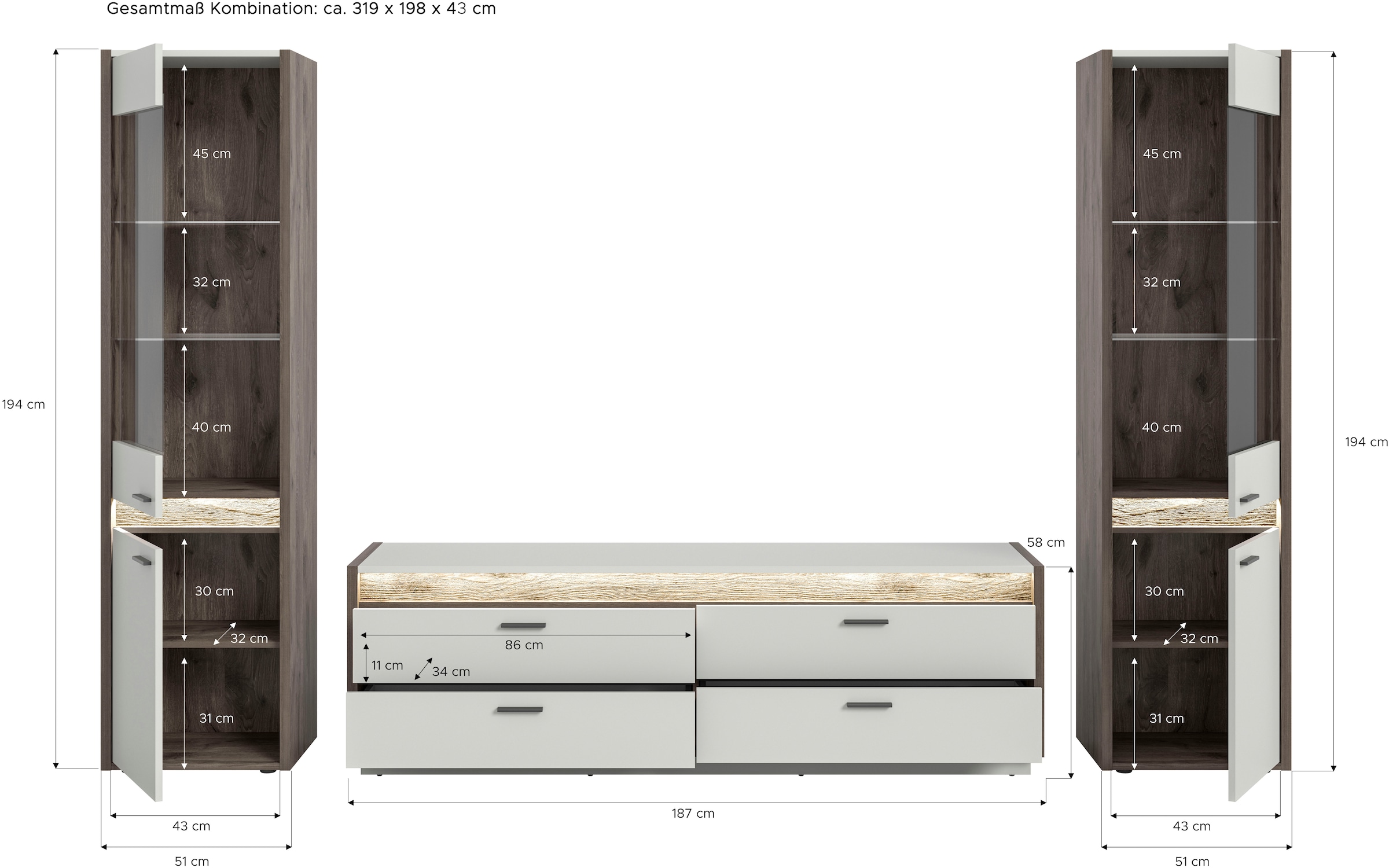 INOSIGN Wohnwand »Treviso, Breite 319 cm, bestehend aus: 2x Vitrine und 1x Lowboard«, (3 St.), Kombination, Wohnkombination, Mediawand, TV-Wand