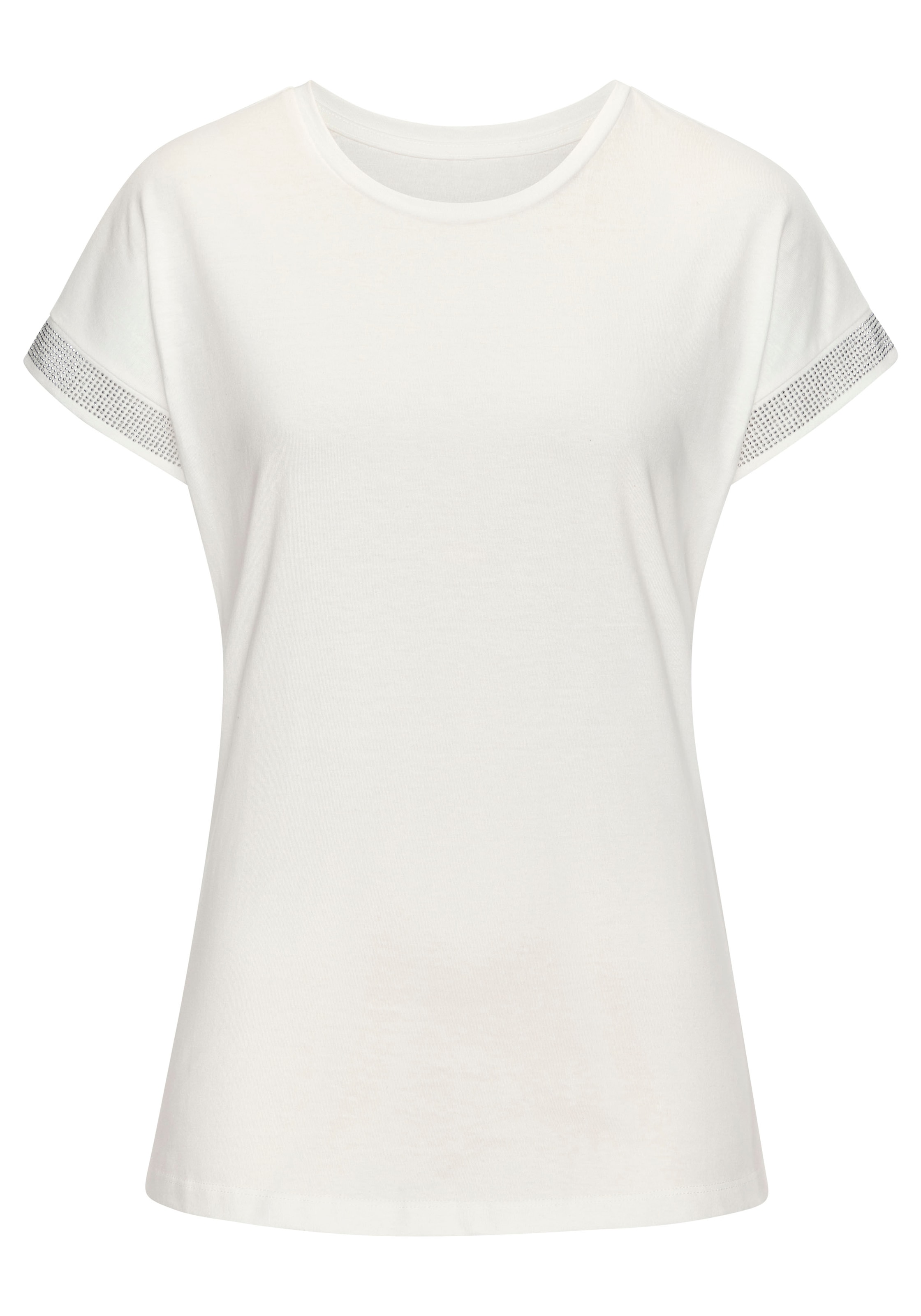 LASCANA Kurzarmshirt »mit glitzernem Strass-Design am Arm«, aus weicher Baumwoll-Qualität