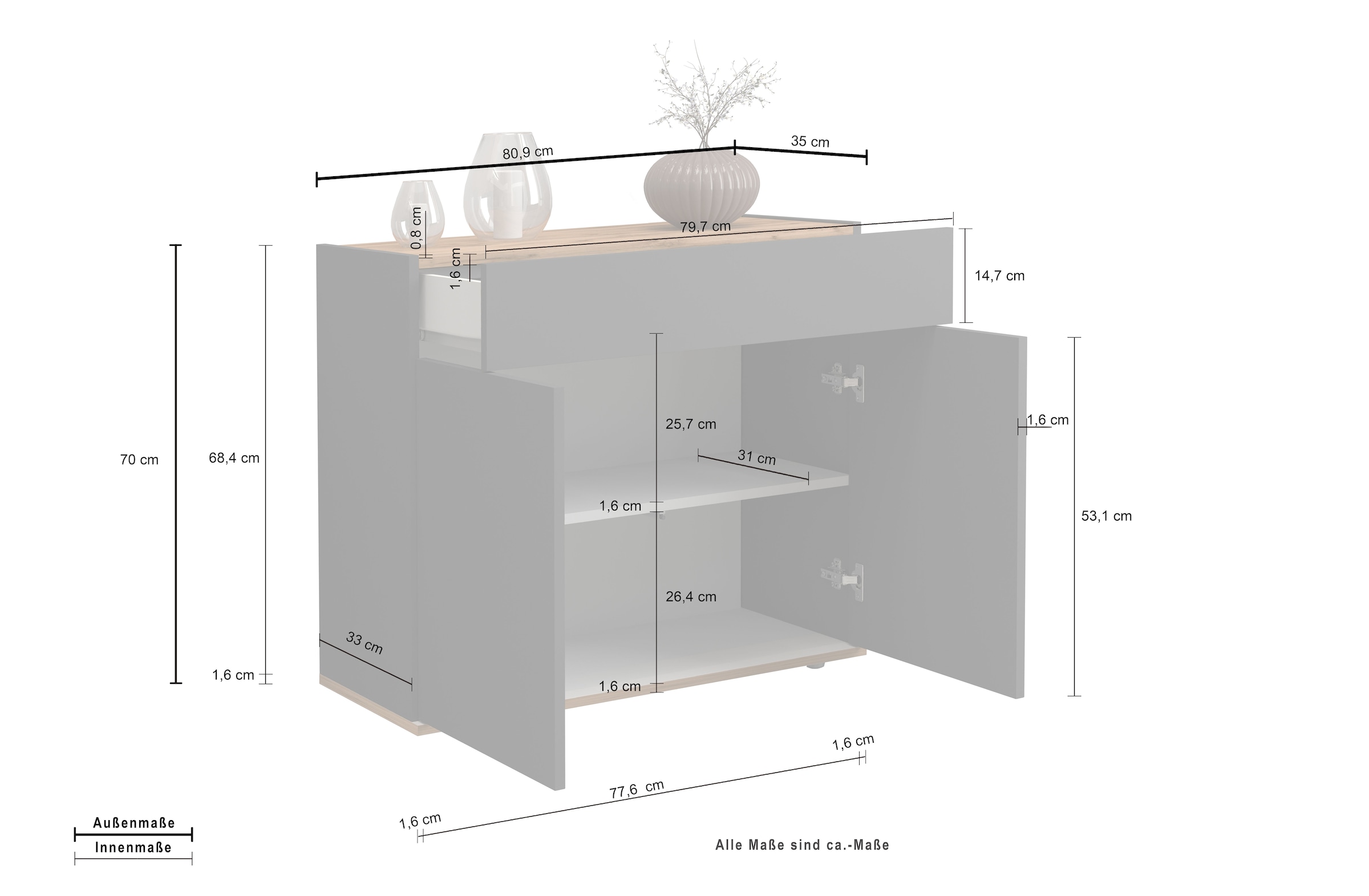 INOSIGN Sideboard »Garda, Kommode, Schrank, Kredenz«, 2 Türen, 1 Schublade,grifflos Breite 80,9 cm