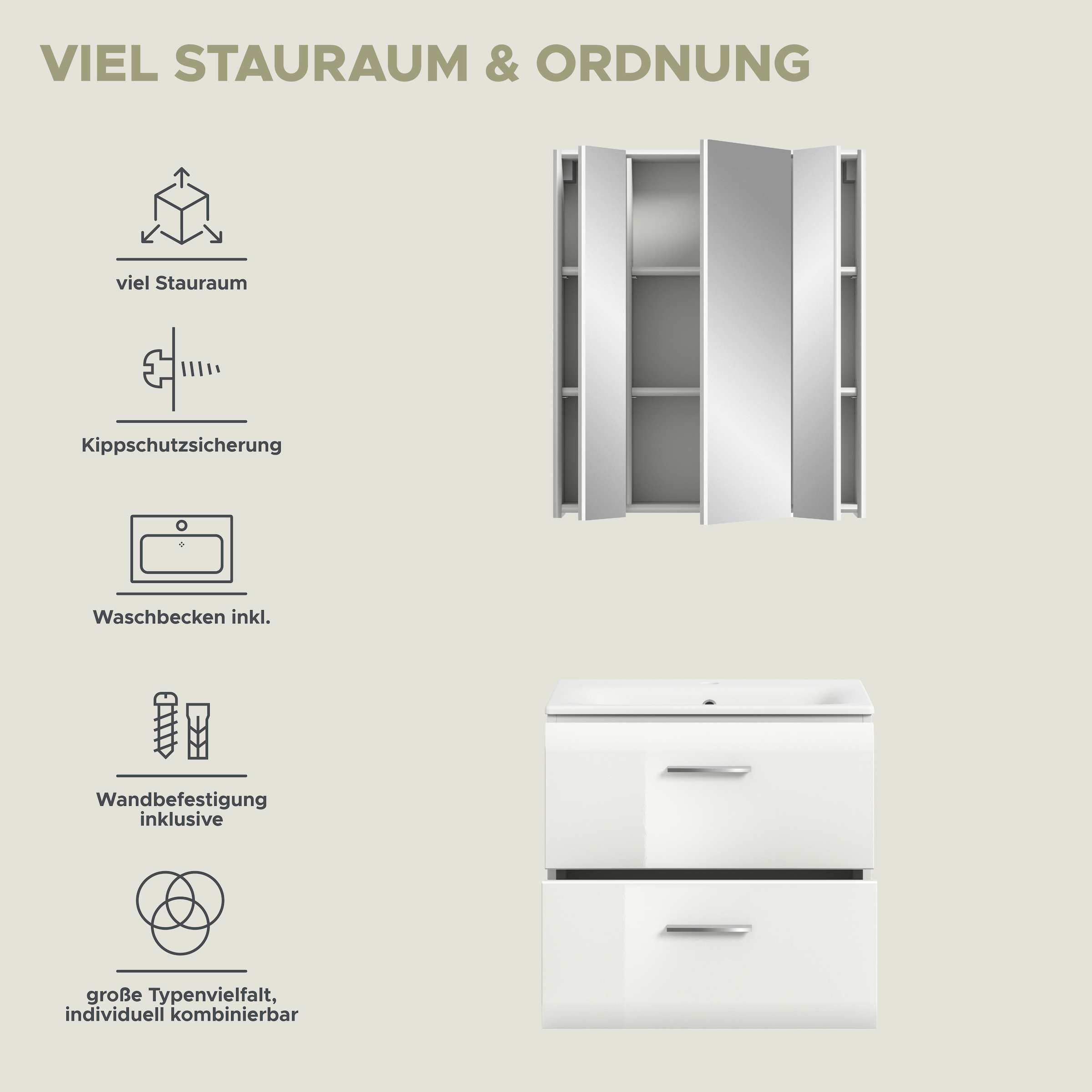 INOSIGN Badezimmer-Set, (Set, 3 St.), Florenz, Badkombination 3-tlg., Weiß Hochglanz, inkl. Waschbecken