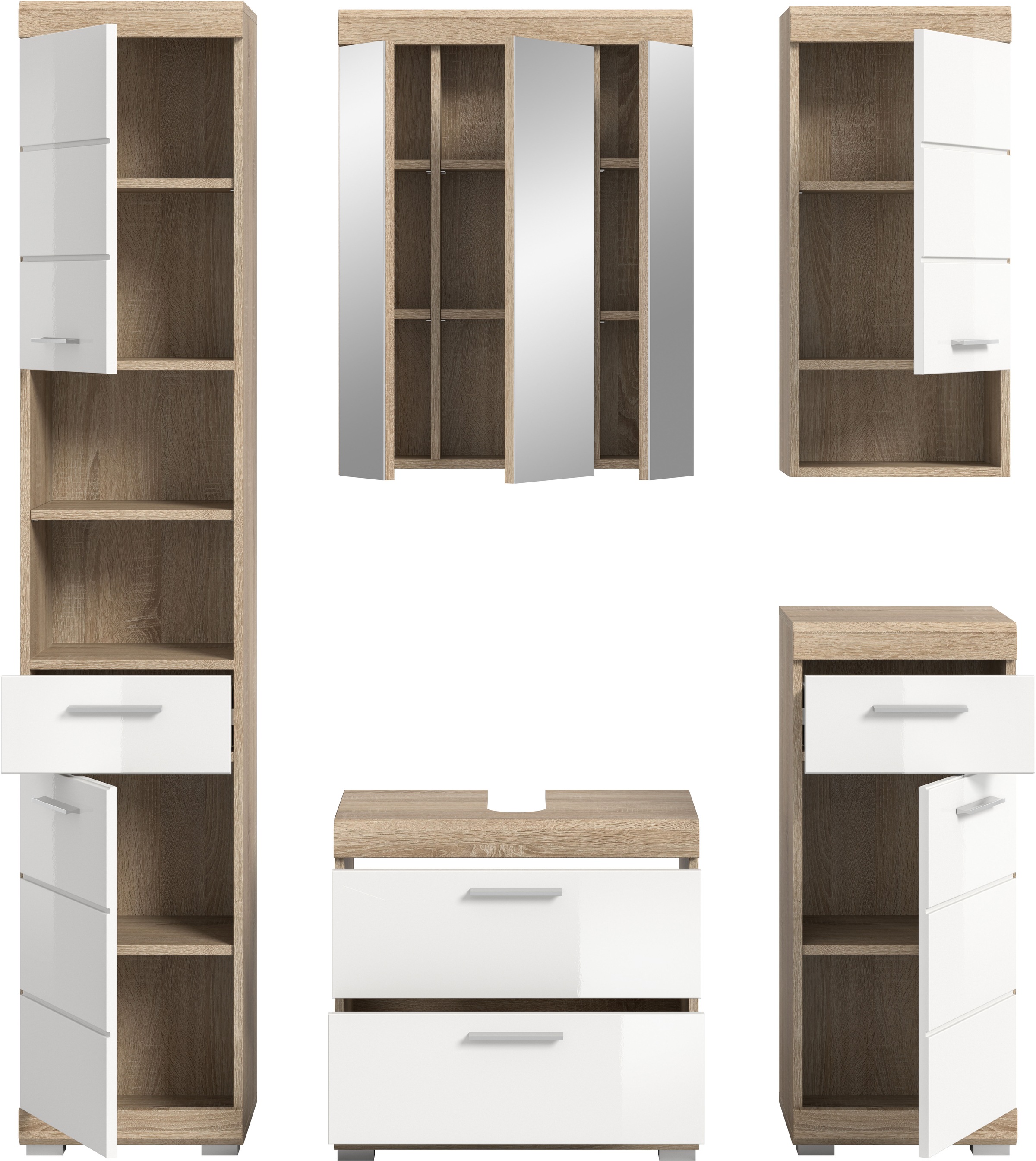 INOSIGN Badmöbel-Set »Siena, 5 teilig, bestehend aus:«, (Set), Hochschrank, WBU, Spiegelschrank, Unterschrank, Hängeschrank