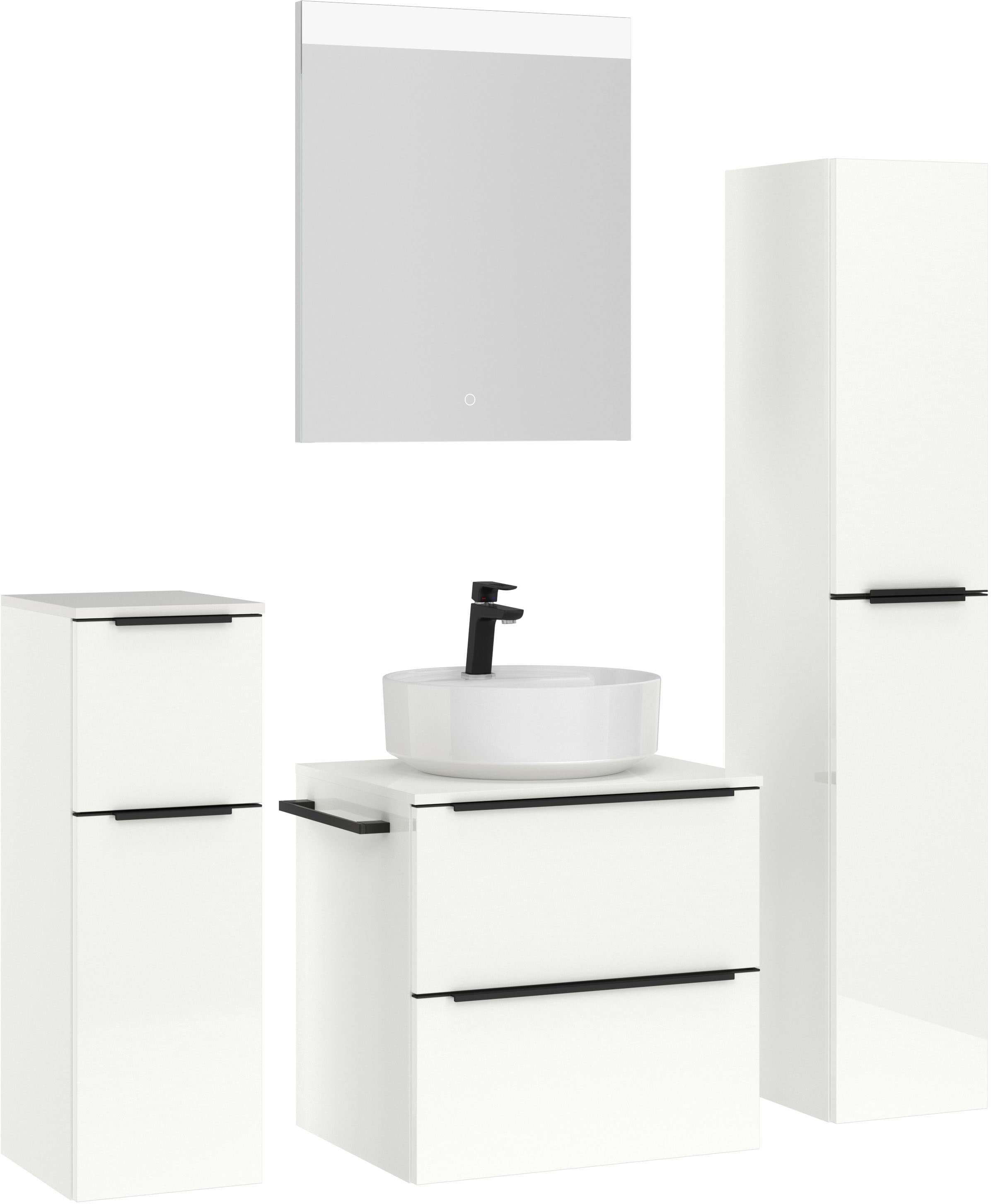 nobilia® Badmöbel-Set »Alvene«, (4 St., vormontiert, mit Soft-Close), Hochglanz, inkl. Spiegel mit Touch-Sensor, in vier Breiten