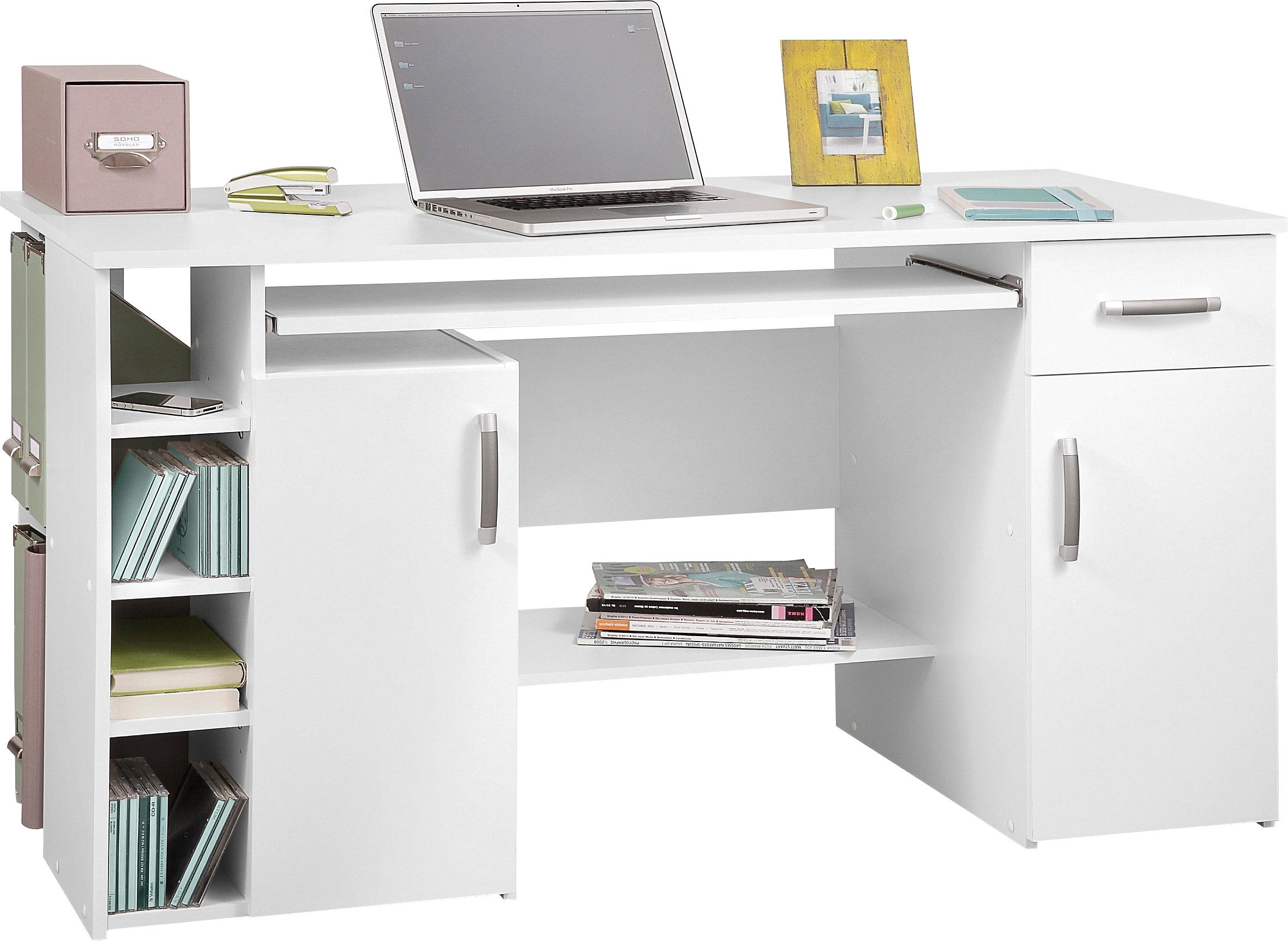VOGL Möbelfabrik Schreibtisch »Tim mit seitlich offenen Fächern & Tastaturauszug,«, Druckerablage, 1 Schublade, Breite 138 cm, Made in Germany