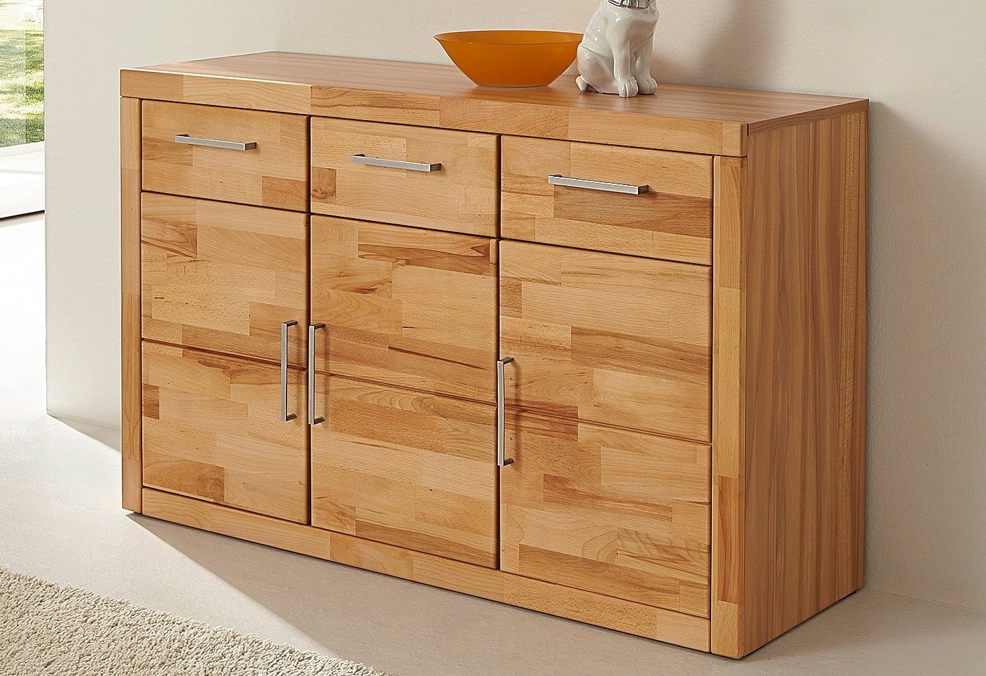 Home affaire Sideboard »Logo,130cm breit,42 cm tief, Fronten Massivholz,2 breite Fächer«, Holz massiv, Holzwerkstoff, Metall Griffe,3Türen,3Schubladen