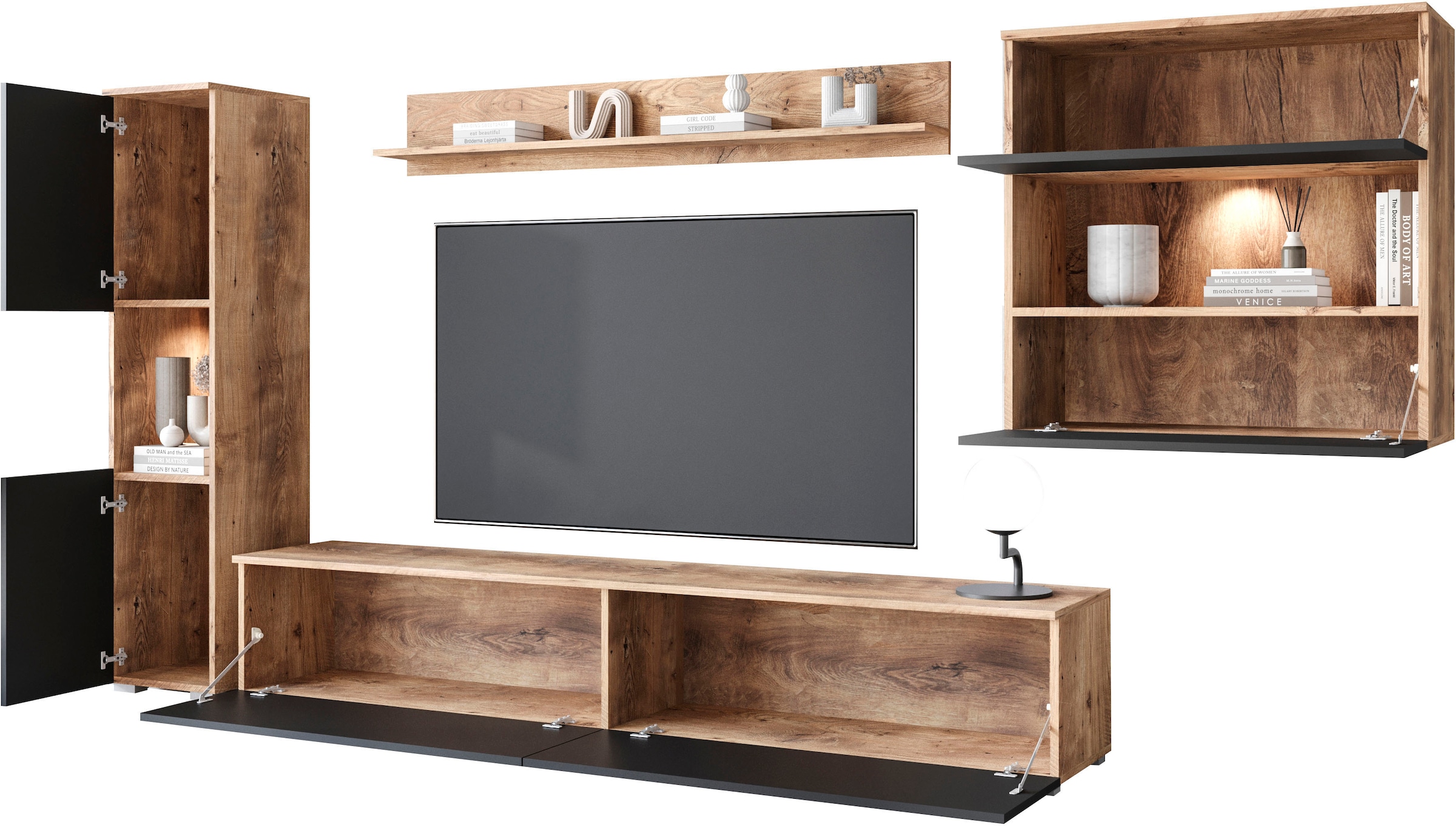 INOSIGN Wohnwand »PARIS«, (Komplett-Set, 4 St.), TV-Wand 300cm breite, grifflose Design, stehend und hängend montierbar