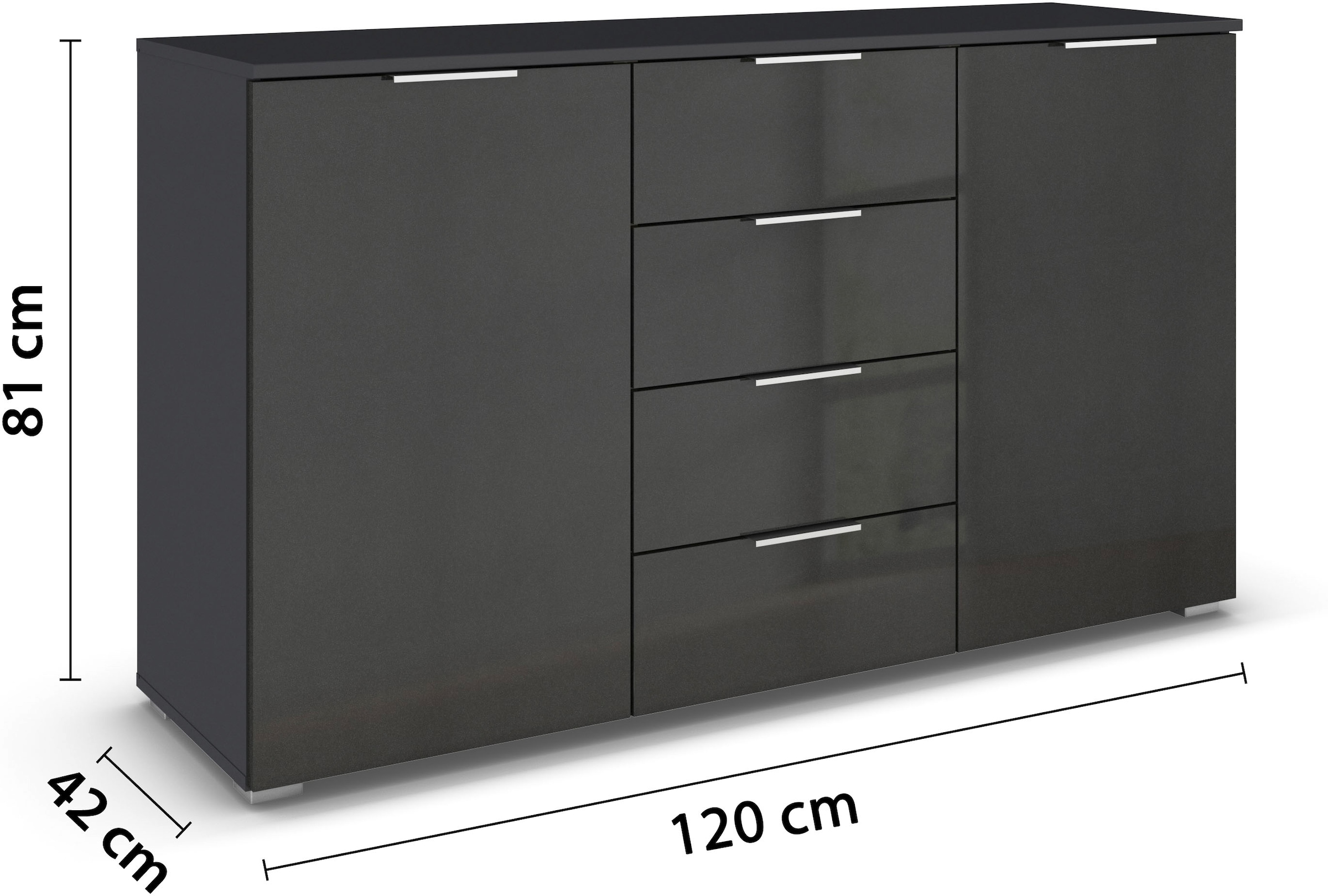 rauch Kombikommode »Sideboard Schubladenkommode AGORDO mit Dekor- oder Hochglanzfront«, (in zwei Griff-Farben, Breite 120 cm inkl. Soft-Close-Funktion), vier große Schubladen, mit insgesamt 4 Einlegeböden MADE IN GERMANY