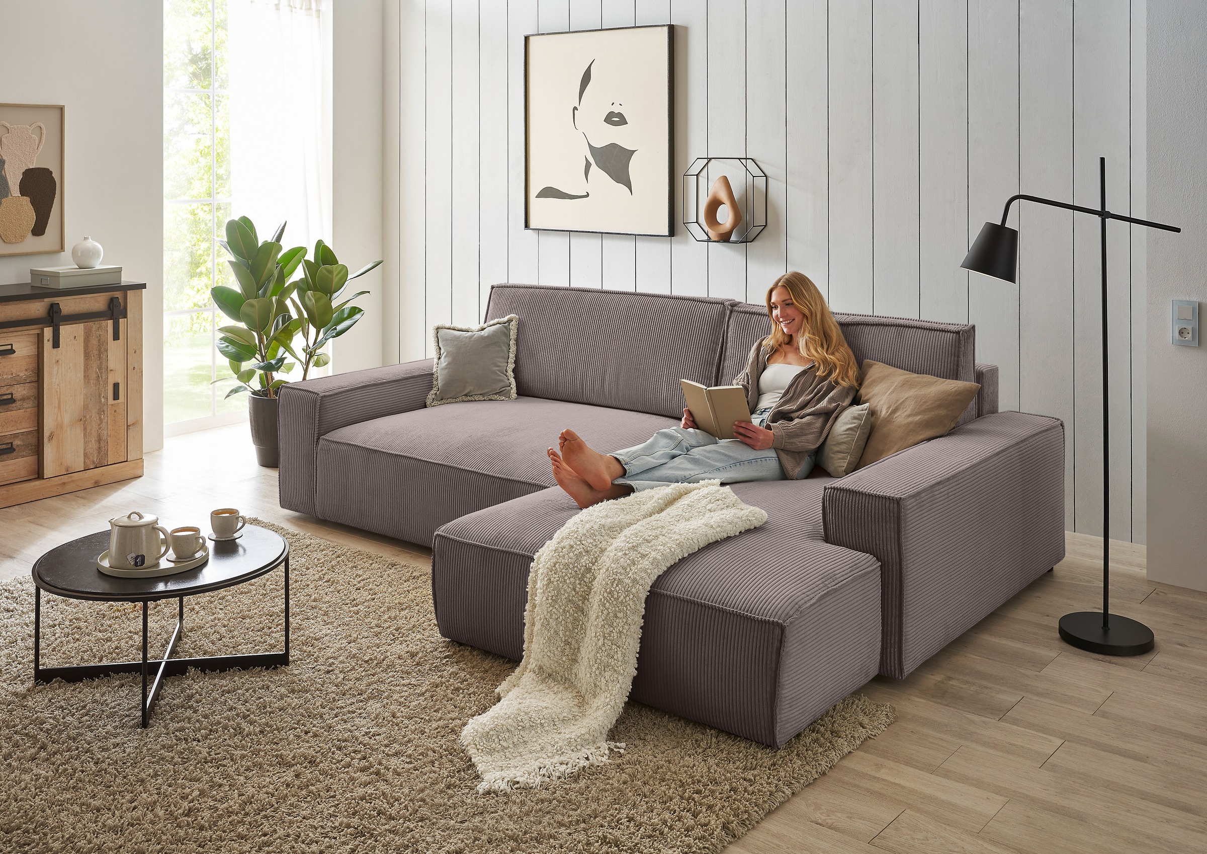 Home affaire Ecksofa »NEU: SHERWOOD XXL 284, Big-Sofa L-Form, tiefe Sitzfläche 95 cm, Cord«, Recamiere rechts/links, als Schlafsofa stellbar, Cord u. Leinenoptik