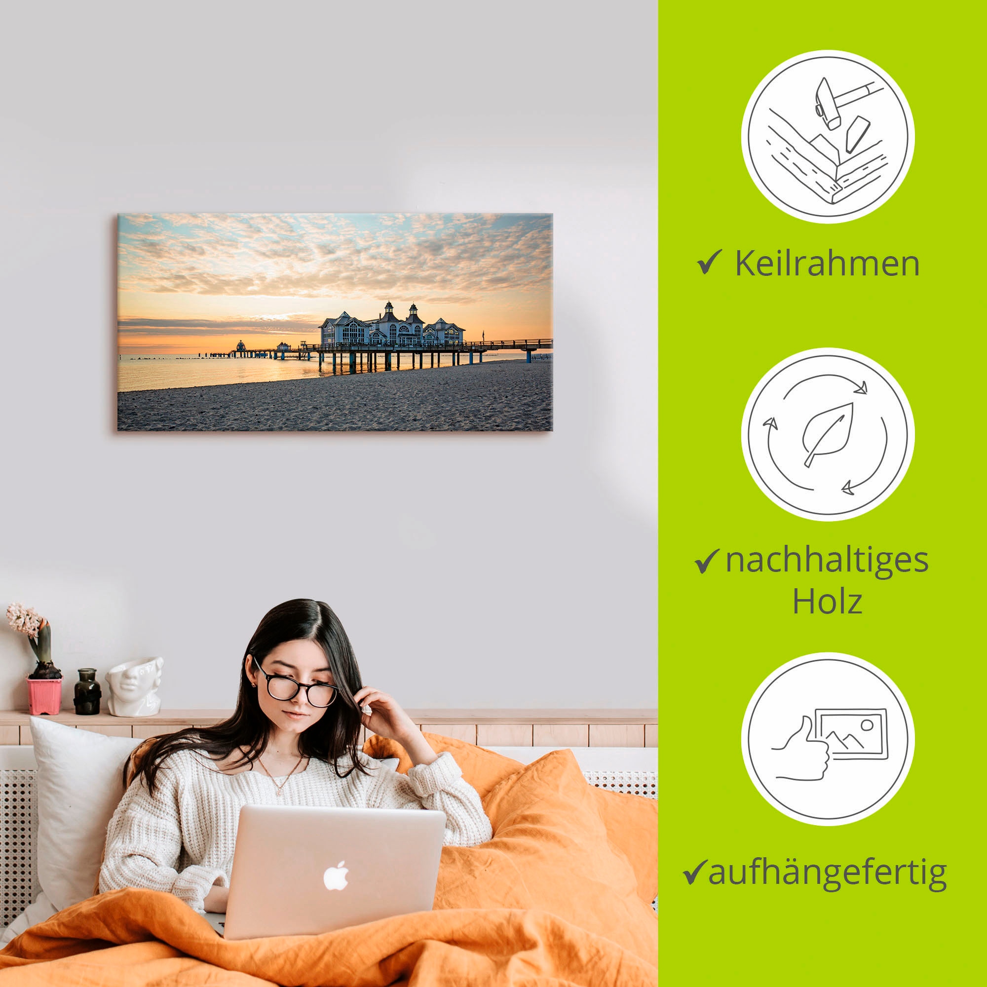 Artland Leinwandbild »Seebrücke Sellin bei Sonnenaufgang« Strand 1 Stk. tlg. auf Holzrahmen gespannt