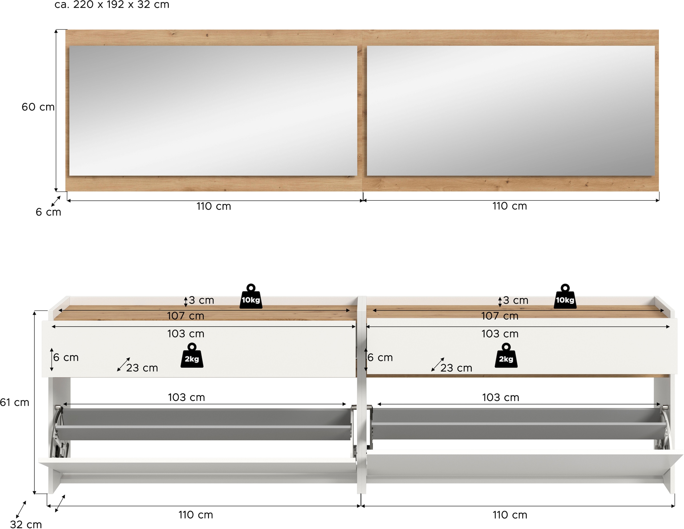INOSIGN Garderoben-Set »EVRID, 4-teilig, Breite 220 cm, individuell hängbar & erweiterbar« best. aus: 2x Kommode und 2x Spiegel, 4 Stk. tlg.