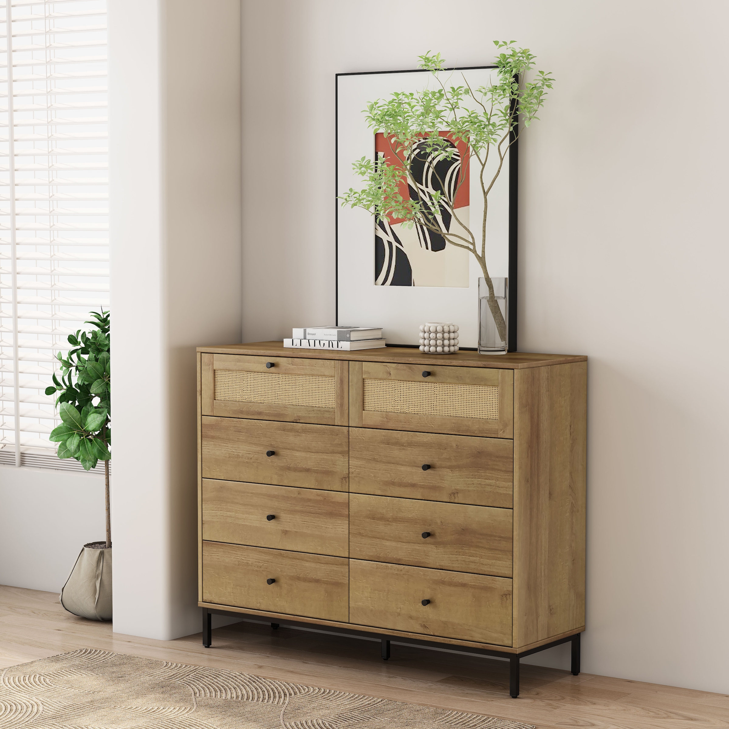 OTTO home Kombikommode »Motala Wäsche Schrank mit 8 Schubladen Sideboard BOHO Design« Eichen-Design mit schwarzen Griffen und Geflecht Schubladen, 
