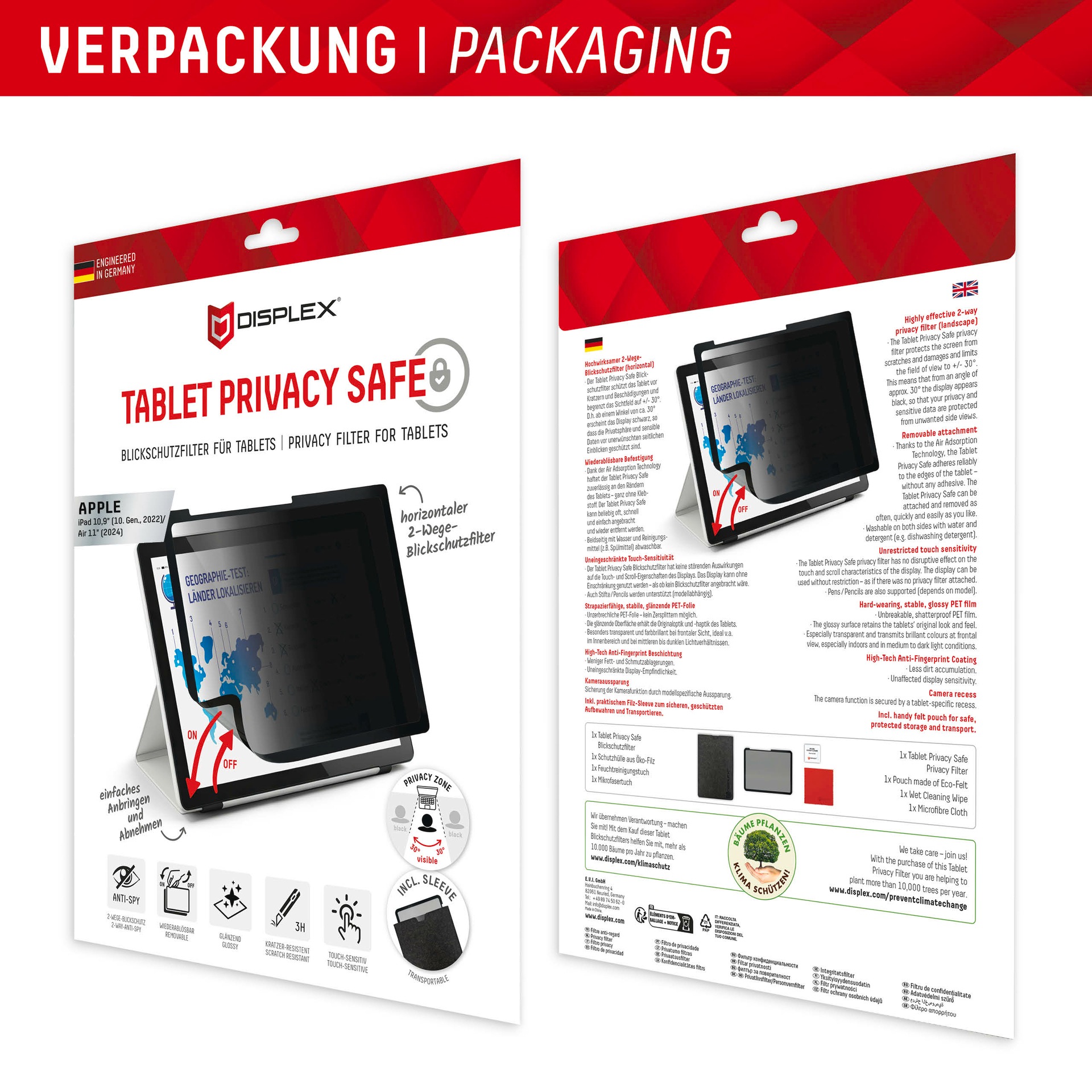 Displex Displayschutzfolie »Tablet Privacy Safe« für Apple iPad 10,9" (10. Gen., 2022);Apple iPad 11" (2025);Apple iPad Air 11" (2024/2025) Blickschutzfolie, Schutzfolie, Bildschirmschutz, kratz- & stoßfest