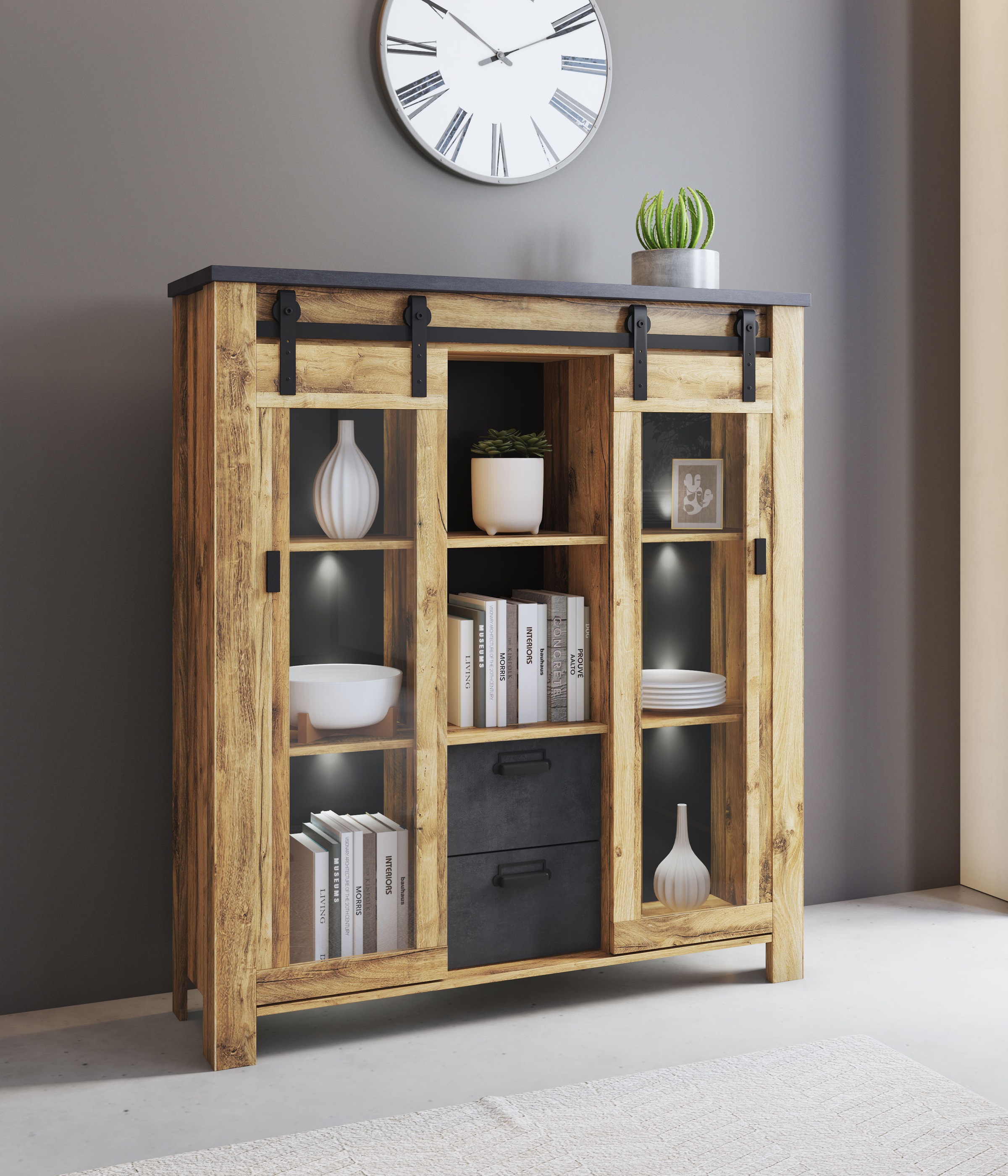 Home affaire Highboard »York, moderner Hochschrank, Vitrine in Hunton Oak, günstig online kaufen