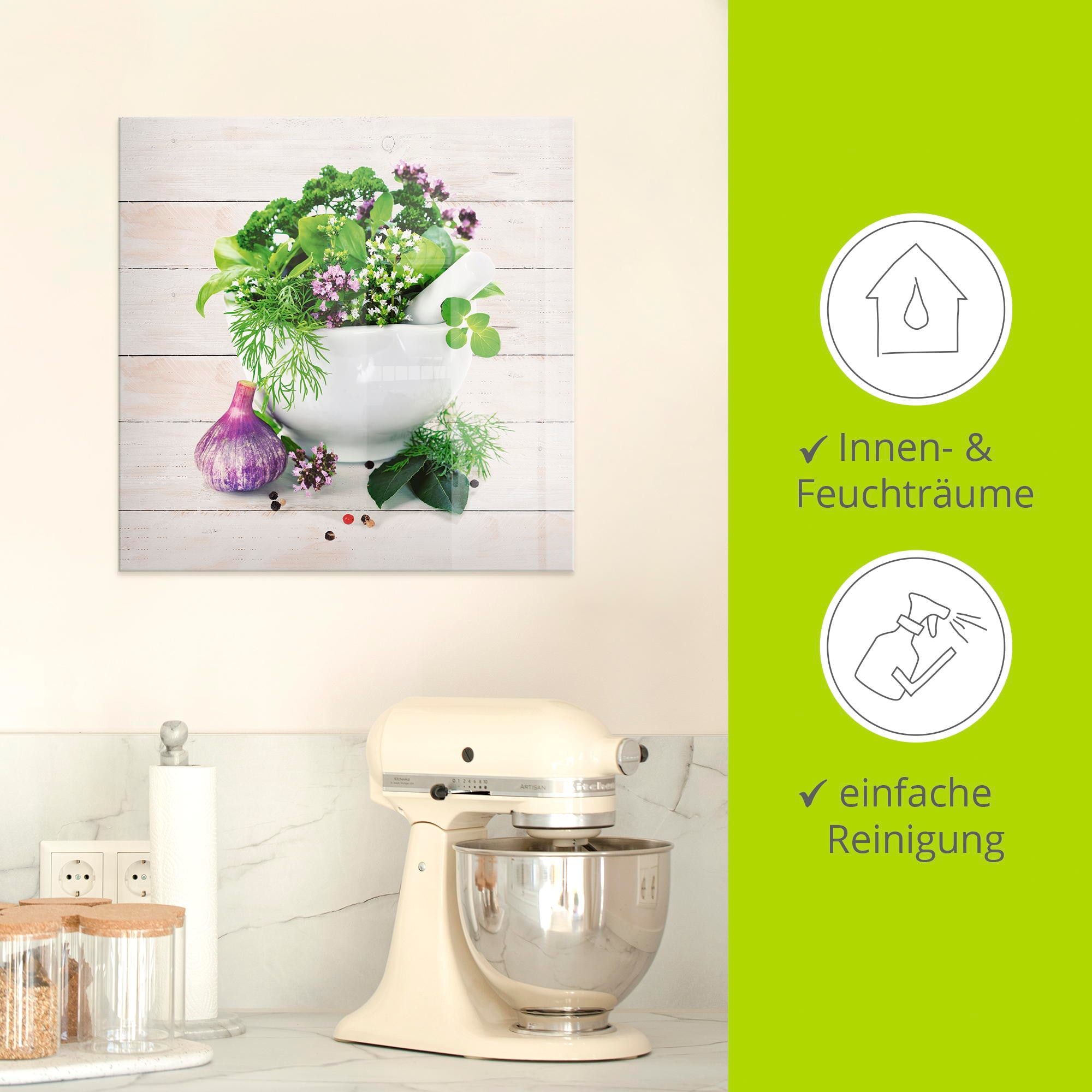 Artland Glasbild »Heilkräuter auf weißem Hintergrund Küche«, Arrangements, (1 St.)