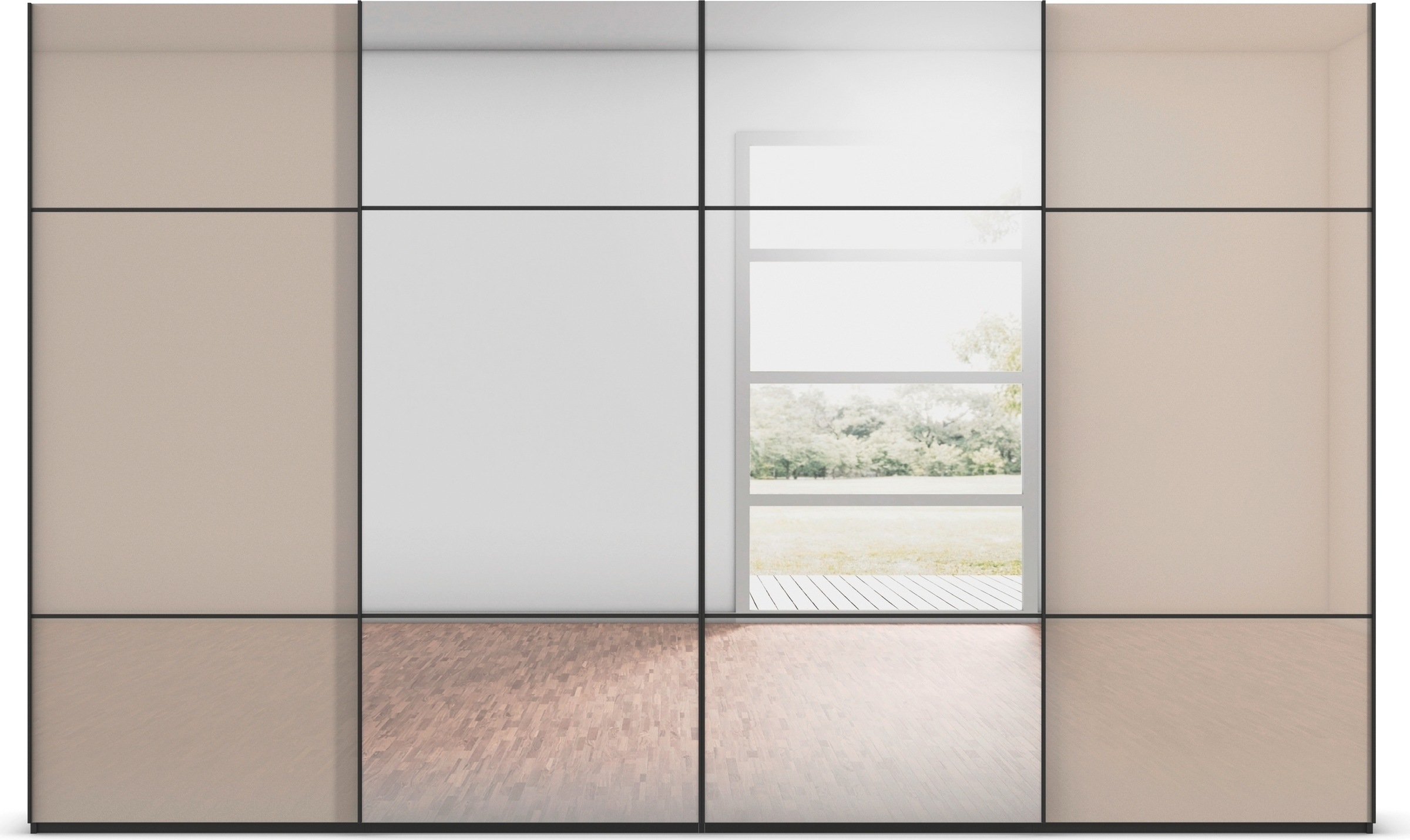 rauch Schwebetürenschrank »Kleiderschrank Schrank Garderobe Schlafzimmerschrank SCALE-TRIO«, edle dreigeteilte Front mit 2 Zierleisten Spiegel/Glas MADE IN GERMANY