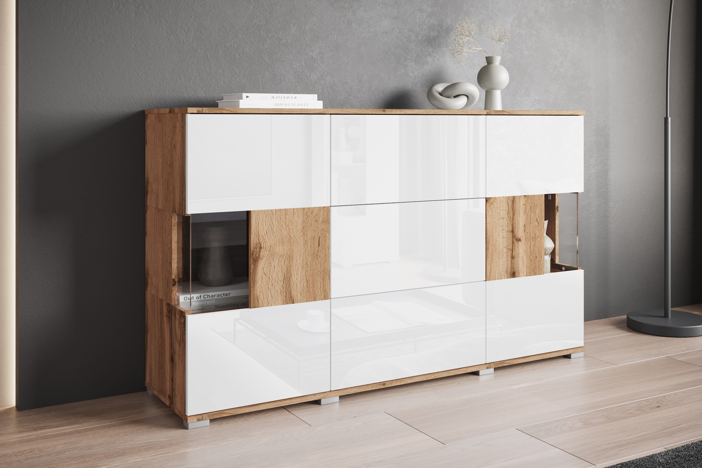 INOSIGN Sideboard »Kenia«, (1 St.), Sideboard mit 3 Schubladen, 6 Fächern, Glastüren, Breite 150 cm