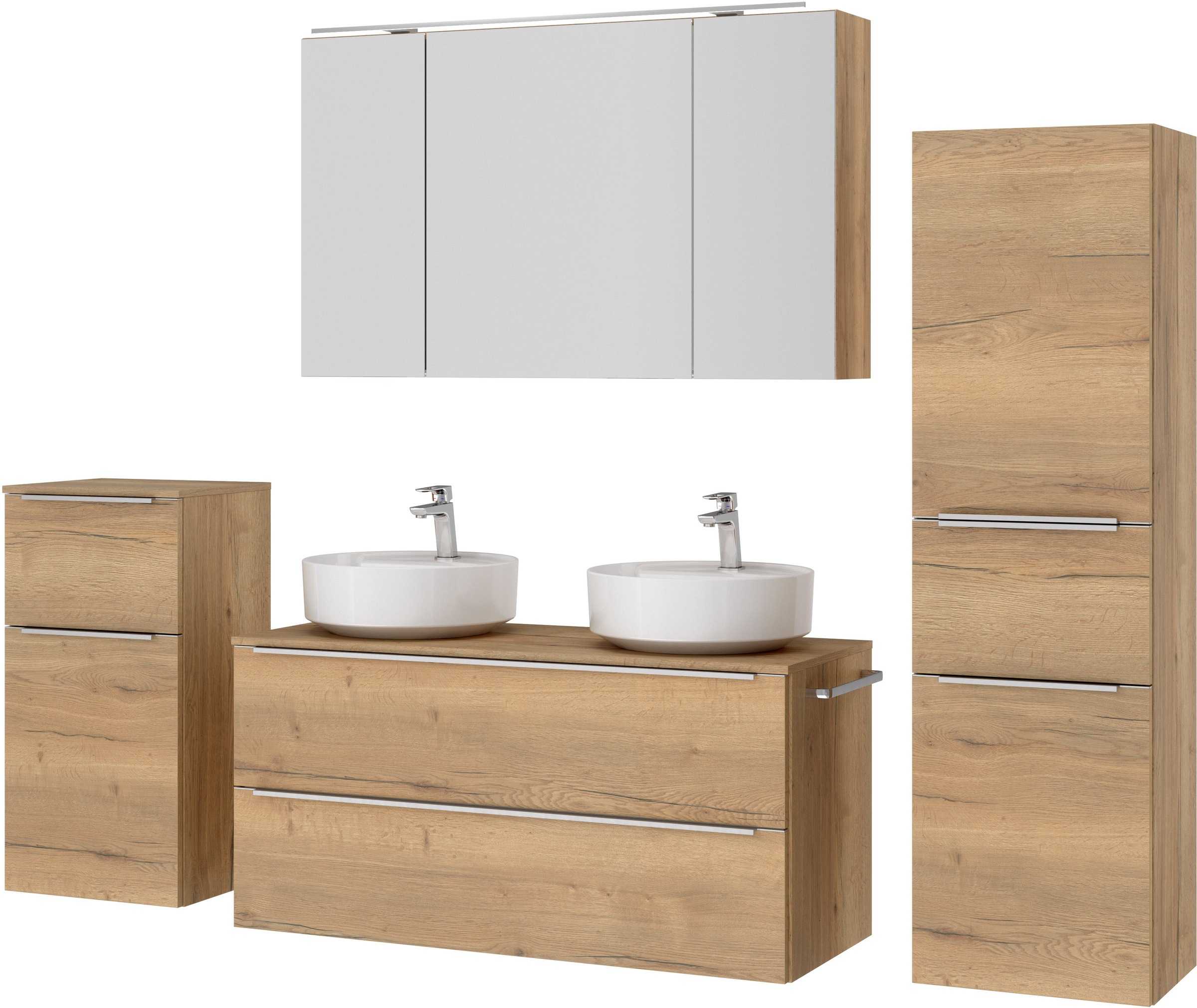 nobilia® Badmöbel-Set »Alvene«, (4 St., vormontiert, mit Soft-Close), inkl. Spiegelschrank mit Beleuchtung und Dimmerfunktion, in 4 Breiten