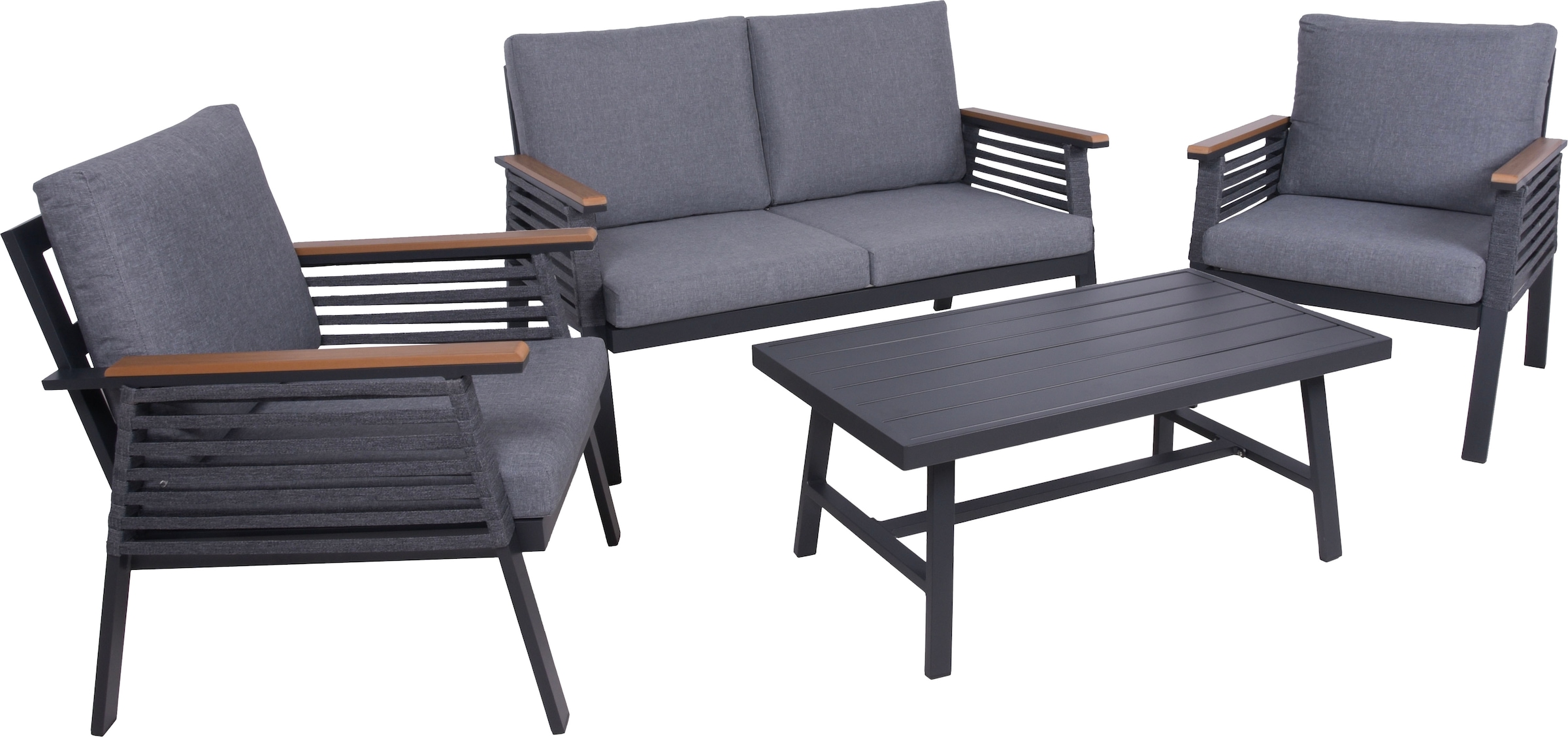 Garden Pleasure Gartenlounge-Set », Lounge-Gruppe »DENIA««, 2 Sessel, 1 Sofa, Tisch LxB: 55,5x100 cm, inkl grauen Kissen