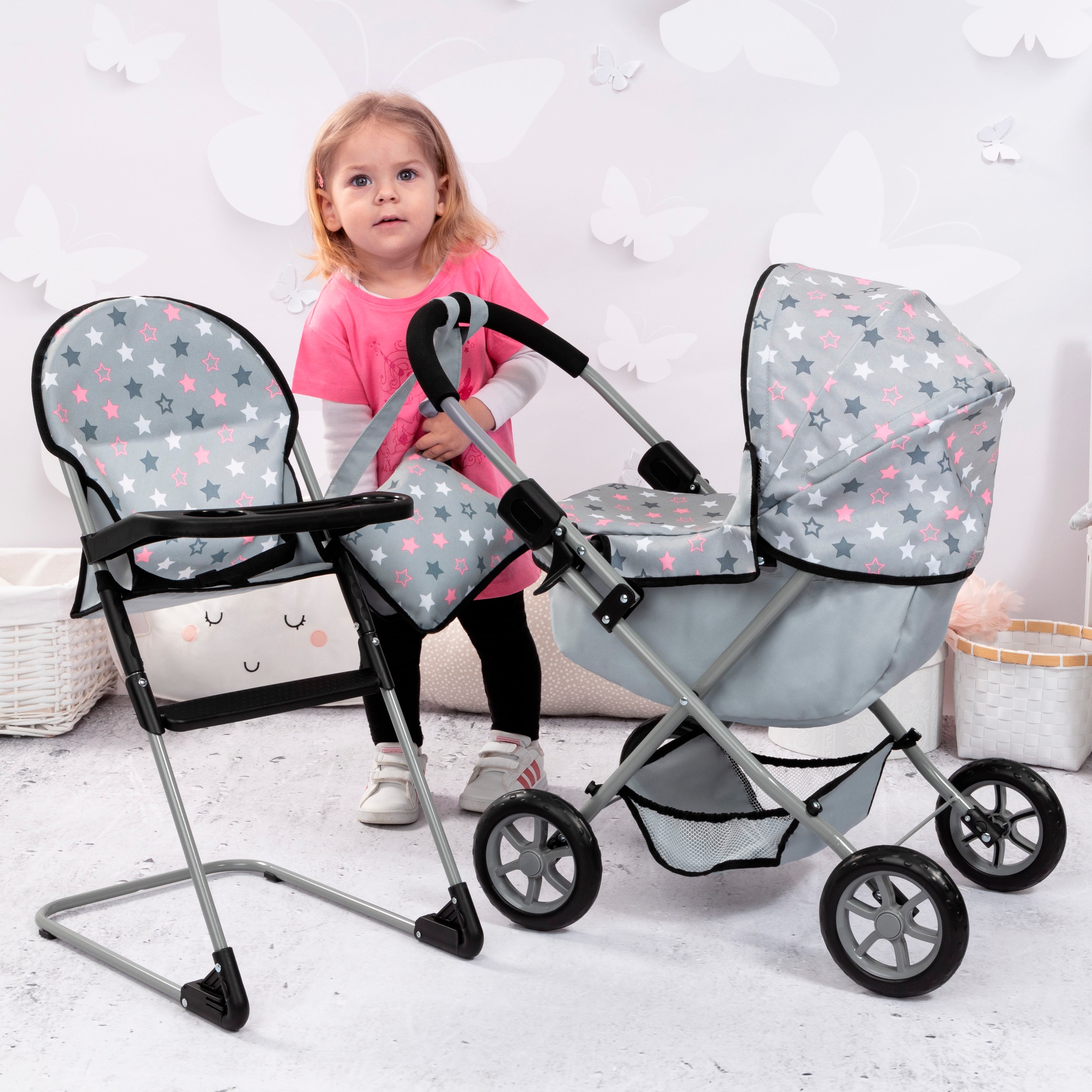 Bayer Puppenwagen »Cosy Set, grau«, mit Puppenhochstuhl und Wickeltasche