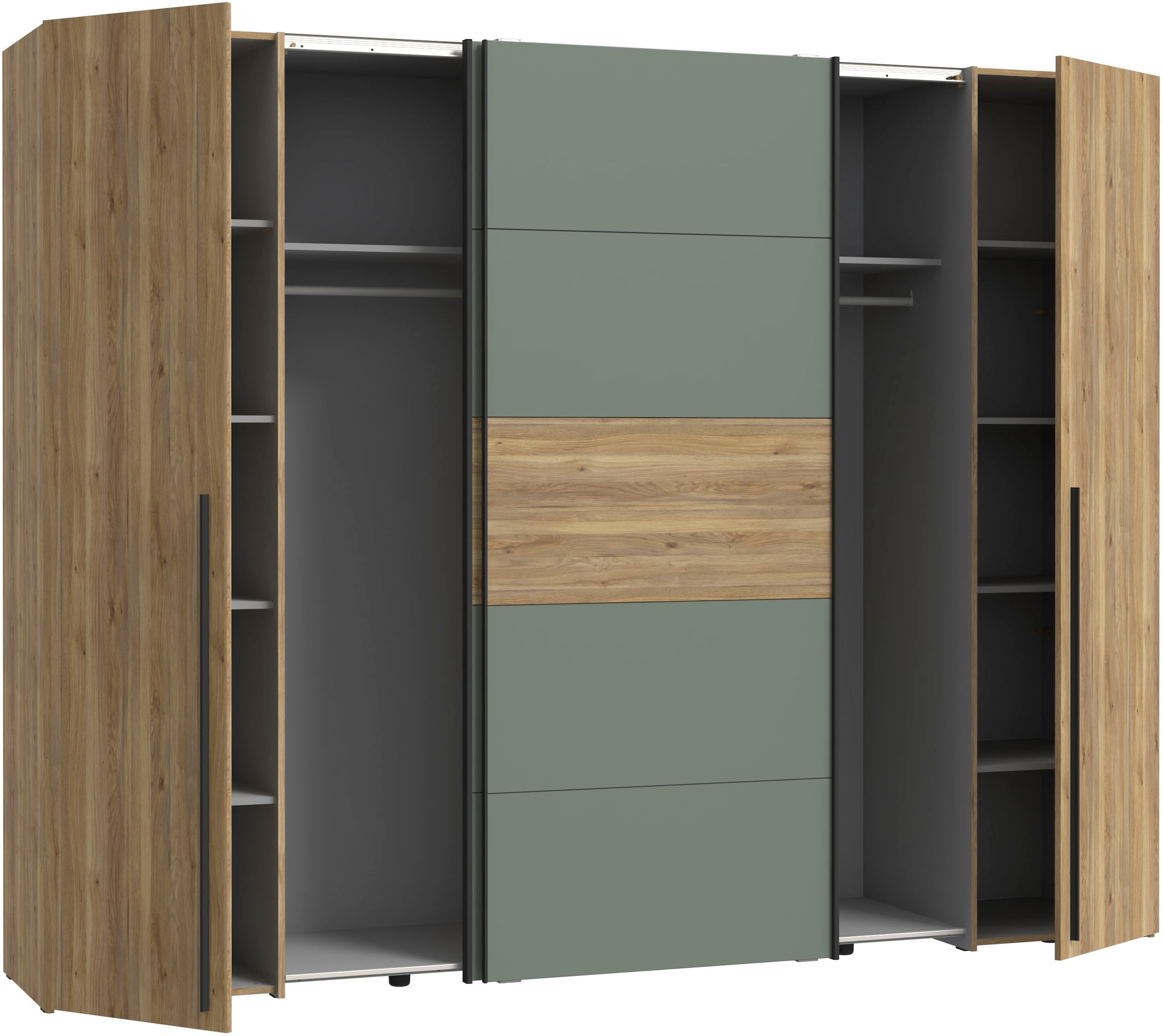 FORTE Dreh-/Schwebetürenschrank »Narago, TOPSELLER, Made in Europe, zeitloses Design«, (B/H/T ca. 270x210X61cm, Farbe Weiß auch mit Spiegeln erhältlich), viele Einlegeböden teilweise variabel einsetzbar, maximaler Stauraum