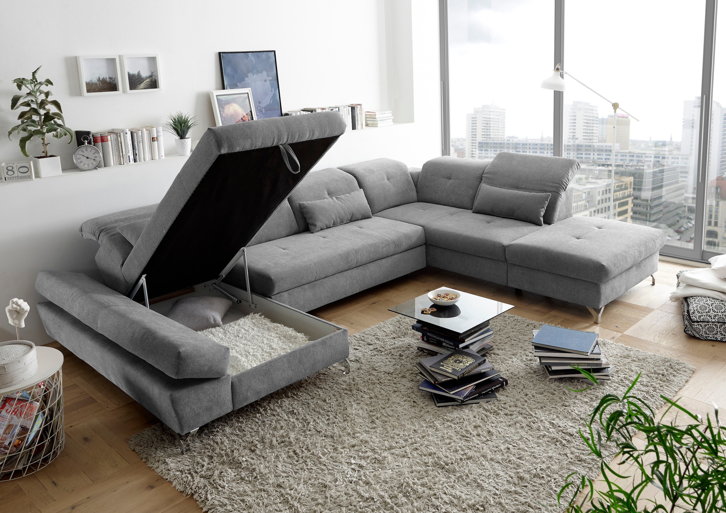 ED EXCITING DESIGN Wohnlandschaft »Melfi U-Form mit Bettfunktion, Bettkasten«, Arm- & Kopfteilverstellung & 3 Nierenkissen