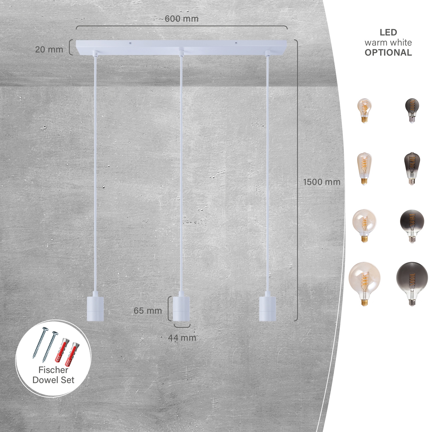 Paco Home Pendelleuchte »HUGO SQ S«, 3 flammig, Leuchtmittel E27 | ohne Leuchtmittel, Stabile Lampenaufhängung E27 1,5m Textilkabel 3 Flammig 60cm Breit