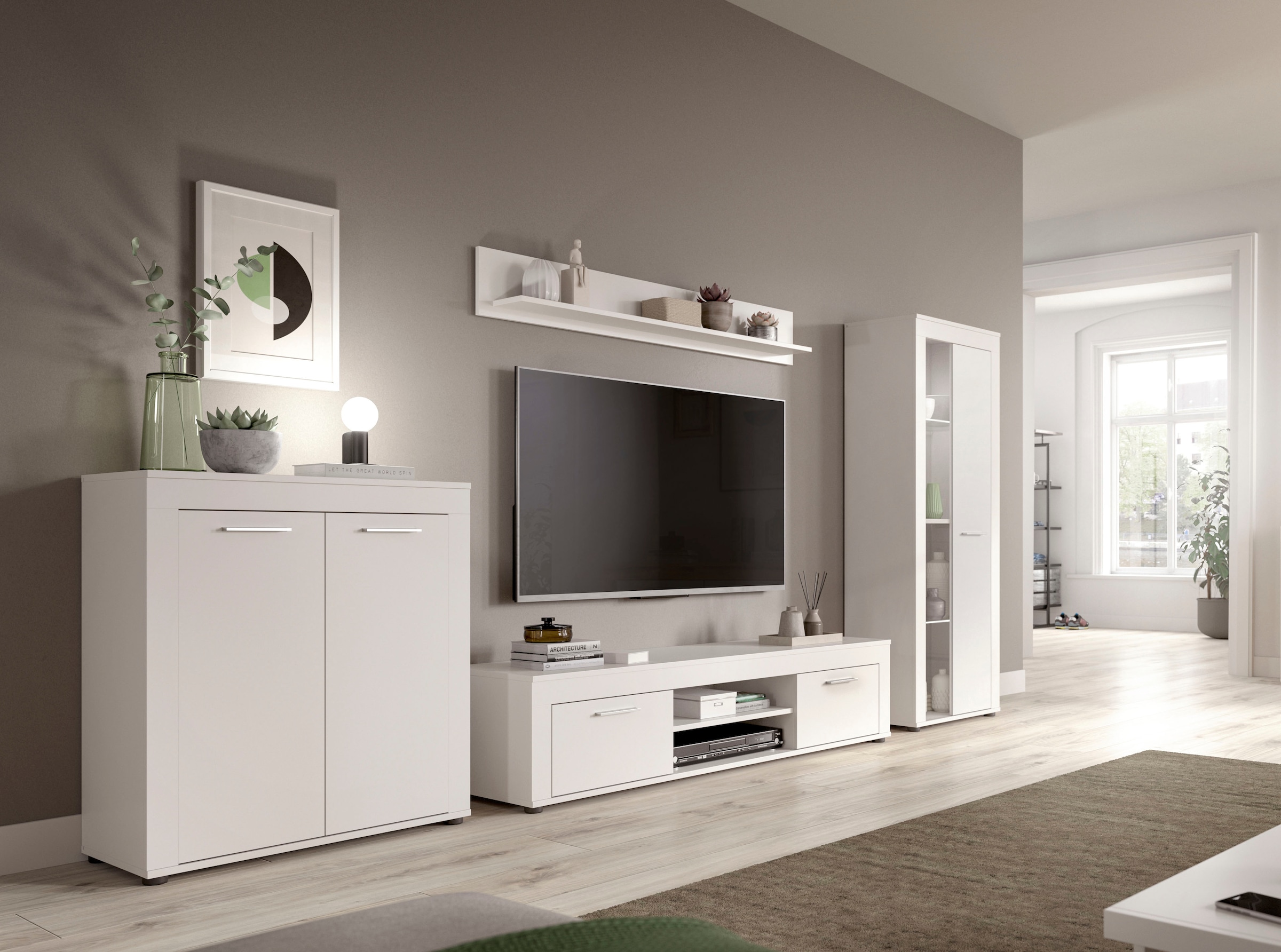INOSIGN Wohnwand »Aosta, Breite 330cm, best. aus Highboard, Lowboard, Wandboard, Vitrine«, (4 St.), Wohnwand, Kombination, Anbauwand, Möbel Set, Schrankwand, Möbel Kombi