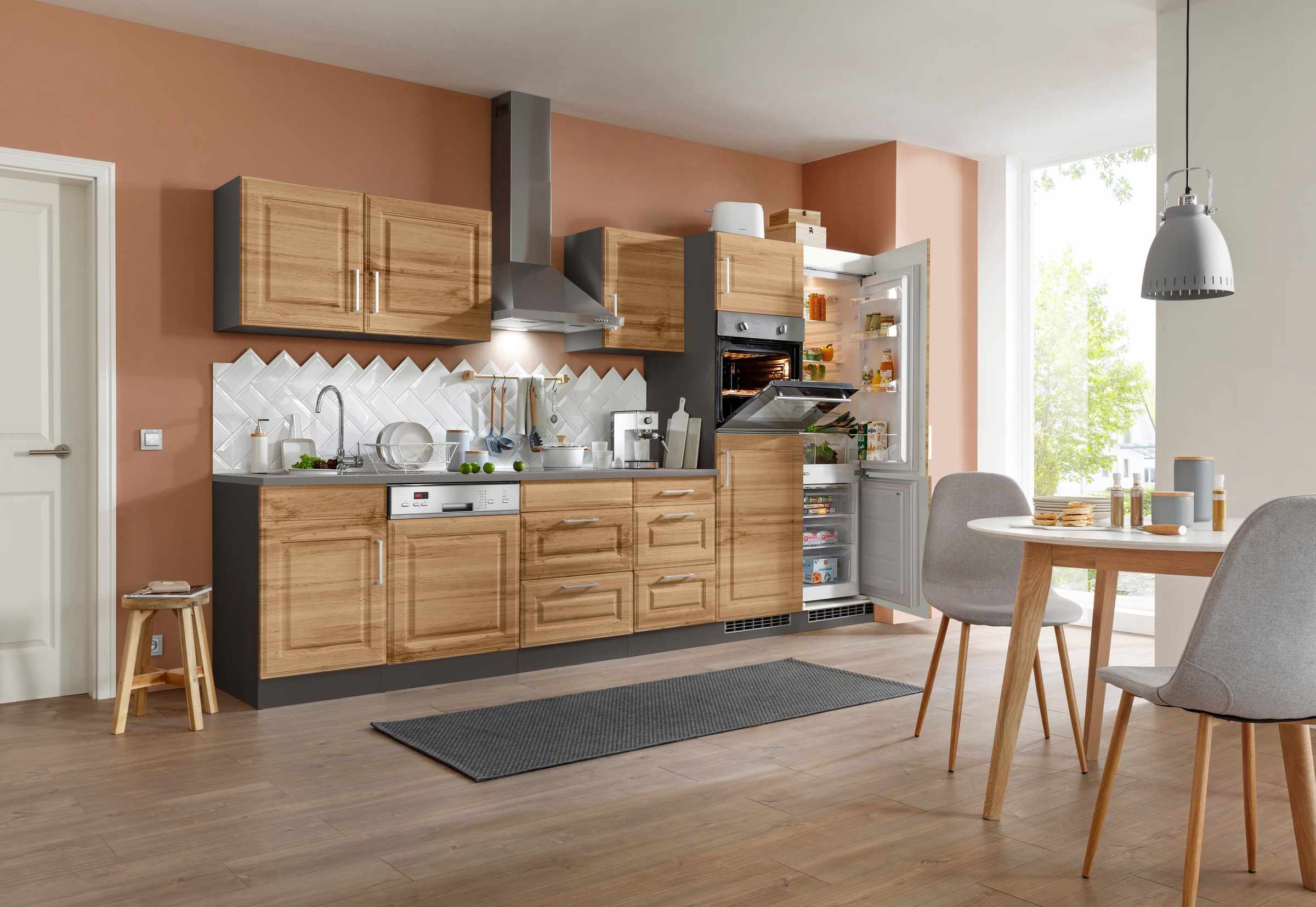 KOCHSTATION Küchenzeile »KS-Stockholm«, Breite 340 cm, mit hochwertigen MDF Fronten im Landhaus-Stil