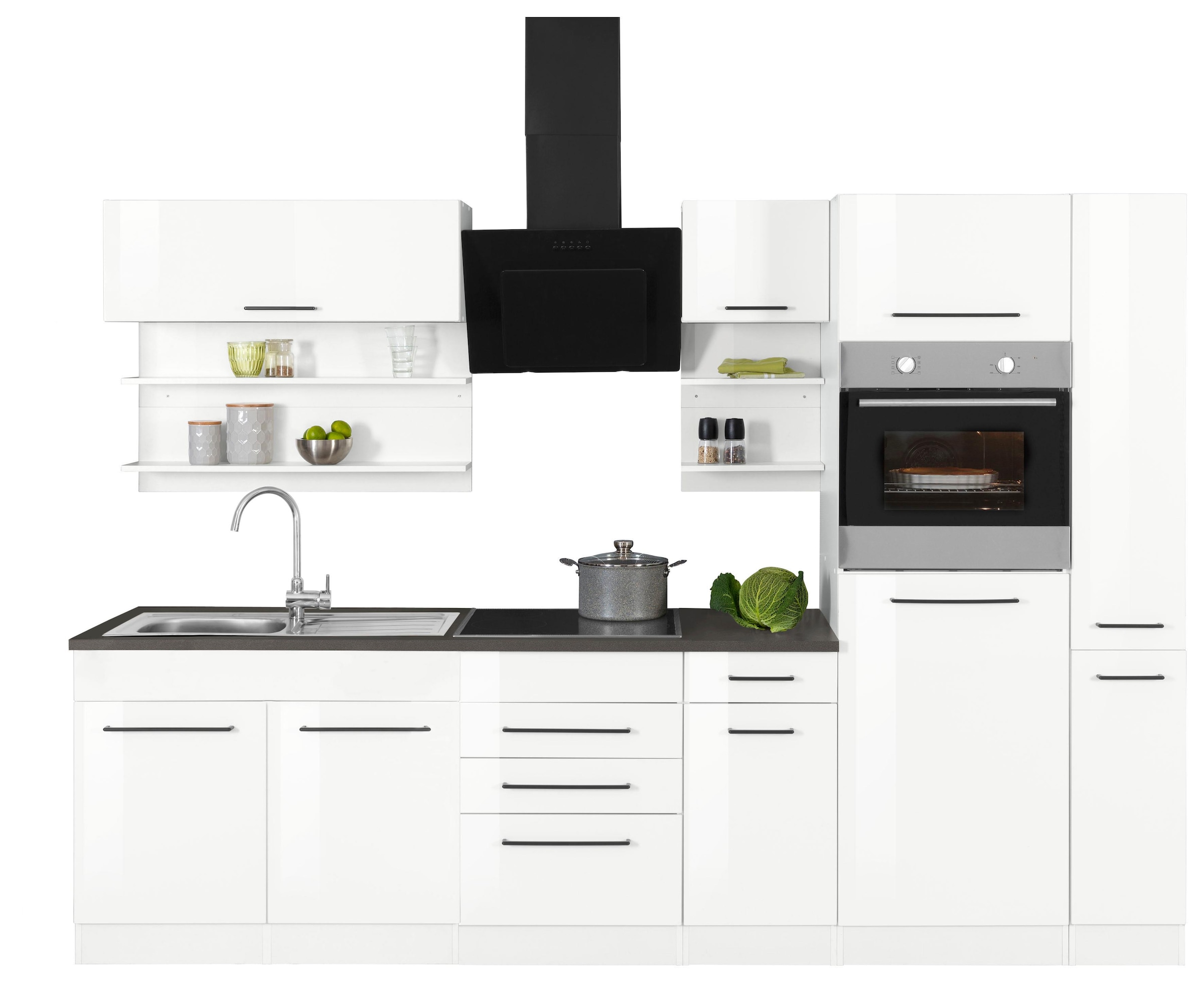 KOCHSTATION Küchenzeile »KS-Tulsa« ohne E-Geräte, Breite 300 cm, schwarze Metallgriffe, MDF Fronten