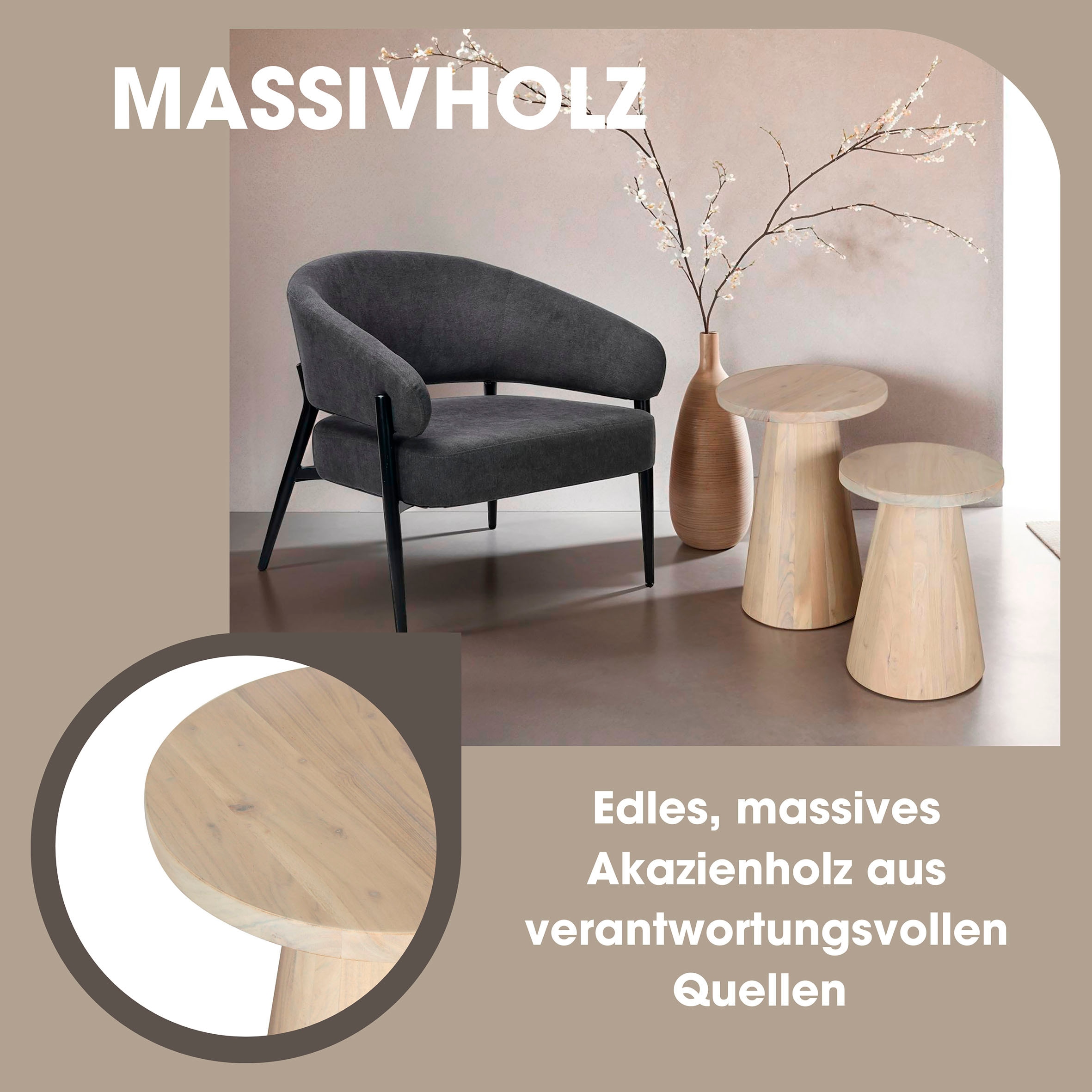 byLIVING Beistelltisch »Cone«, aus Massivholz in schwarz oder white wash, verschiedenen Größen