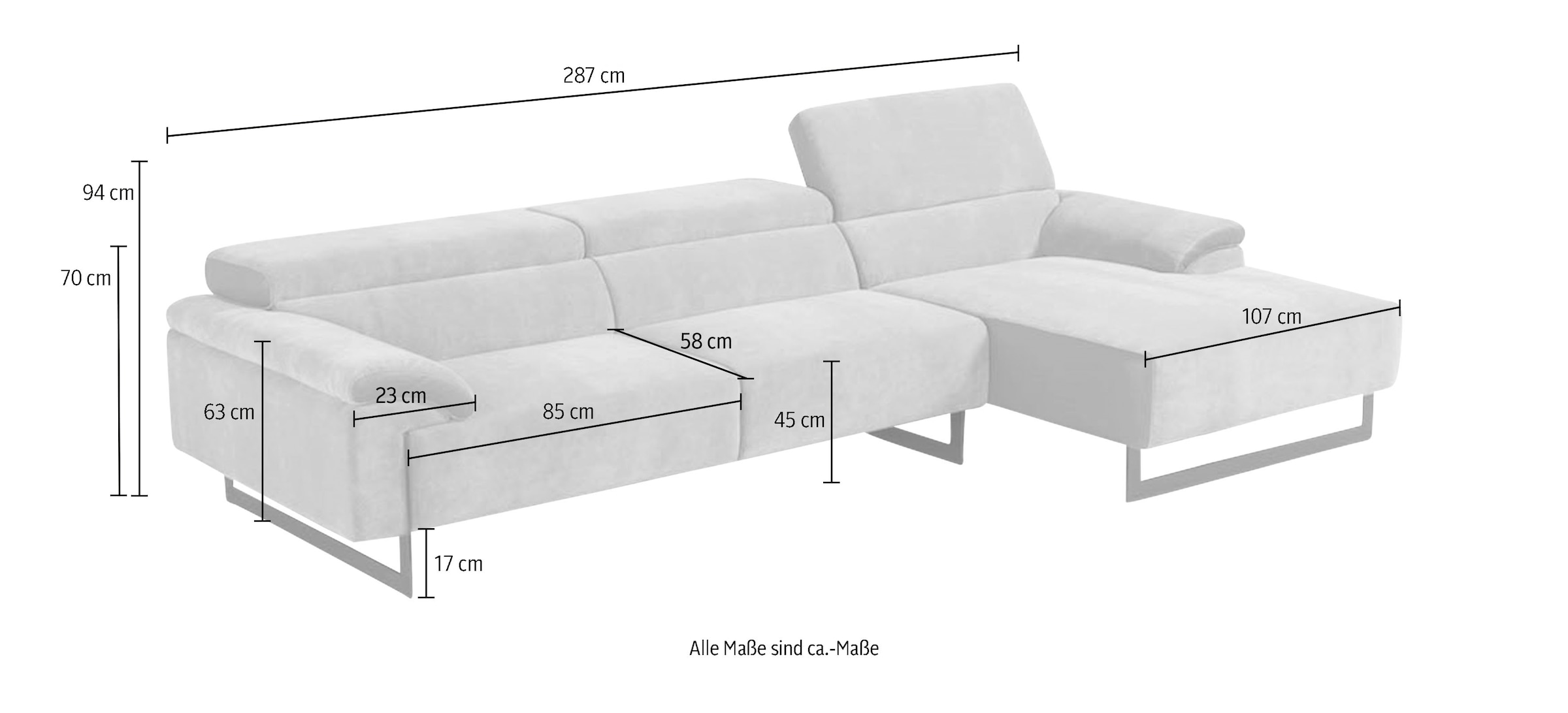 Egoitaliano Ecksofa »Malika, edel und bequem, Designsofa mit hochwertigen Bezügen, L-Form«, mit Recamiere, inkl. Kopfteilverstellung und chromfarbenen Metallfüßen