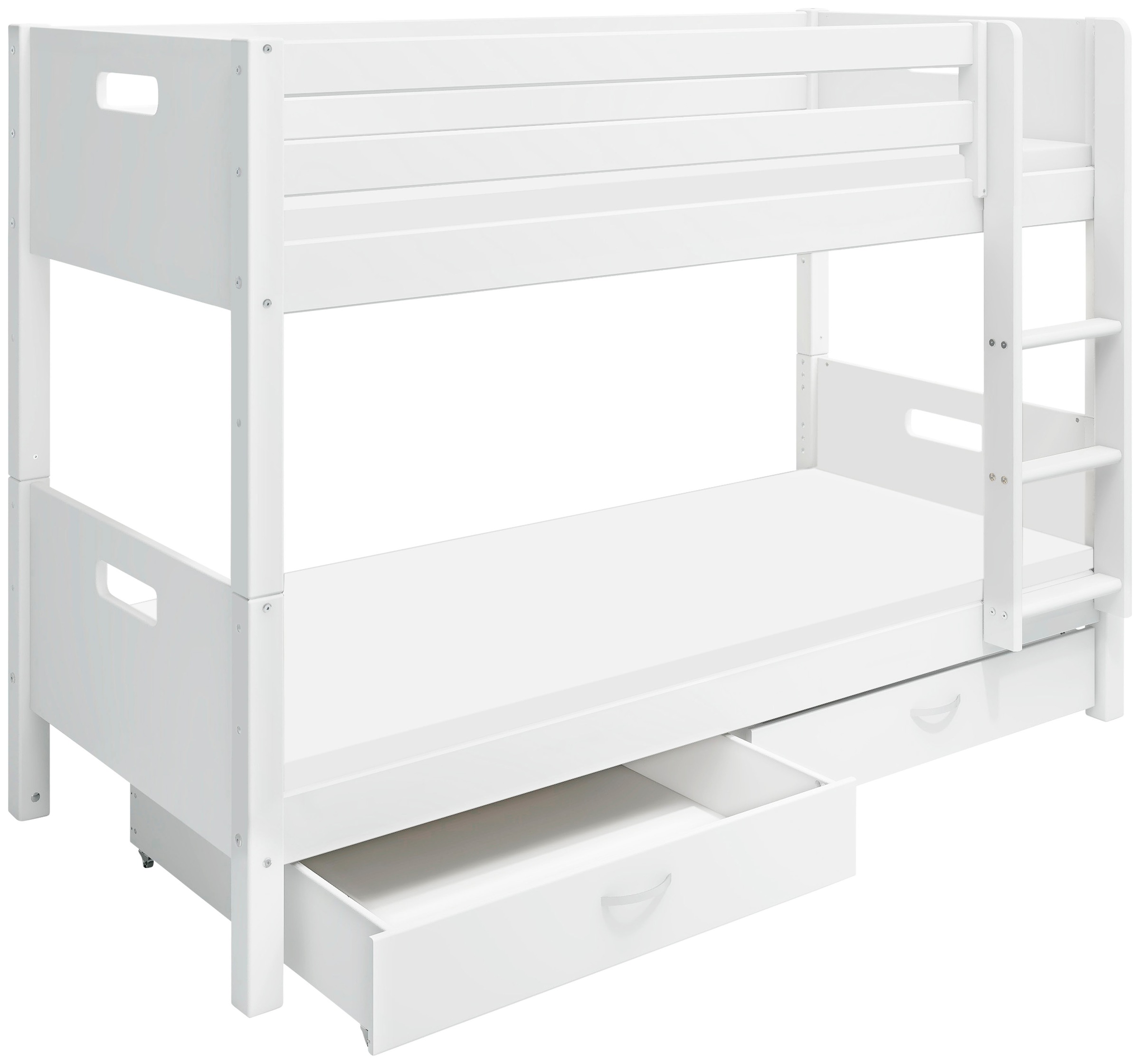 Etagenbett “ Nordic“, produziert by Flexa,Umbaubar in 2 Einzelbetten, incl Rollrost, weiß Absturzsicherung vorne in Kiefer-Schubladensatz mit 2 Stück