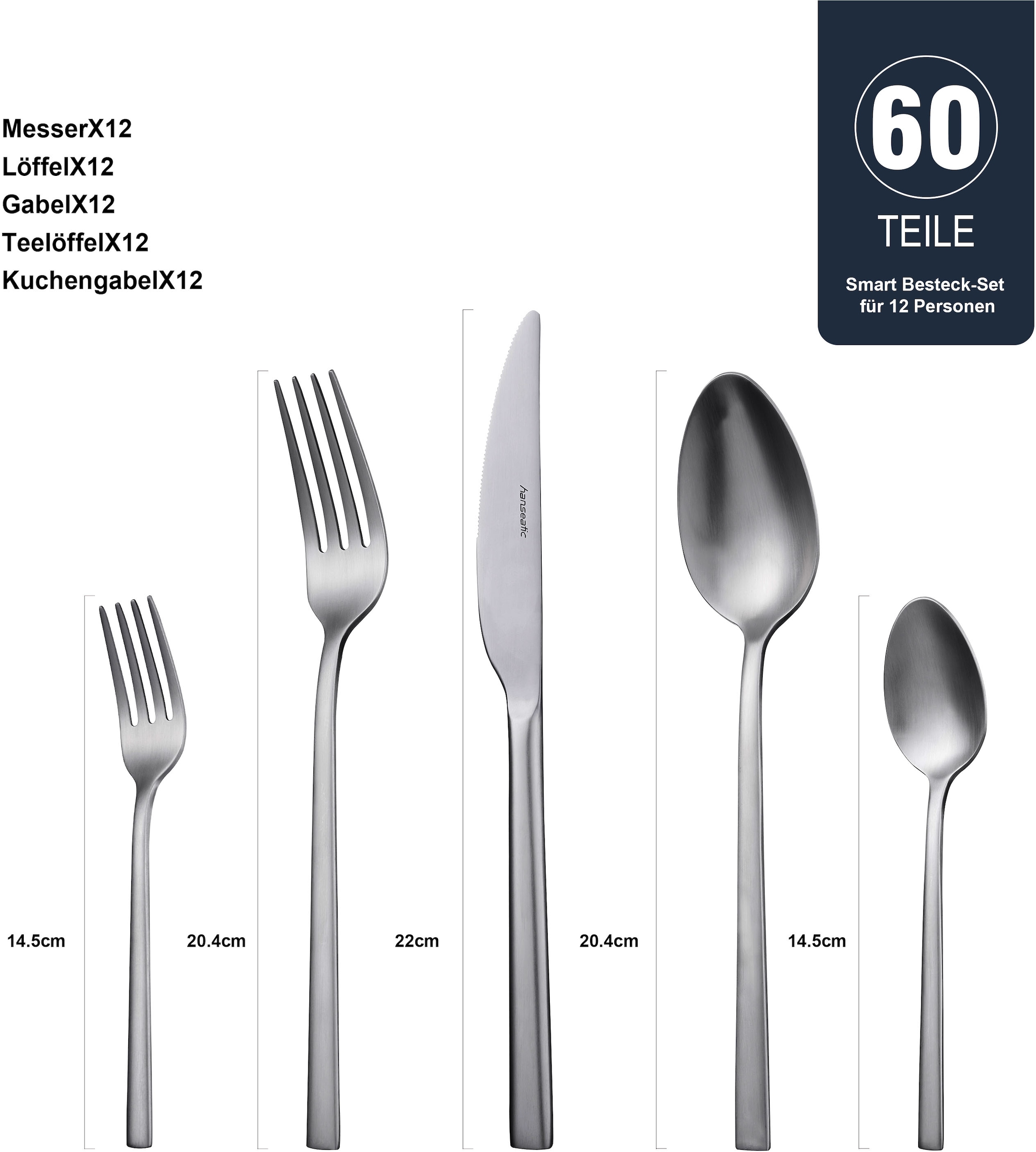 Hanseatic Besteck-Set »SMART, in matter Optik«, (Set, 60 tlg.), leichtes und minimalistisches Design