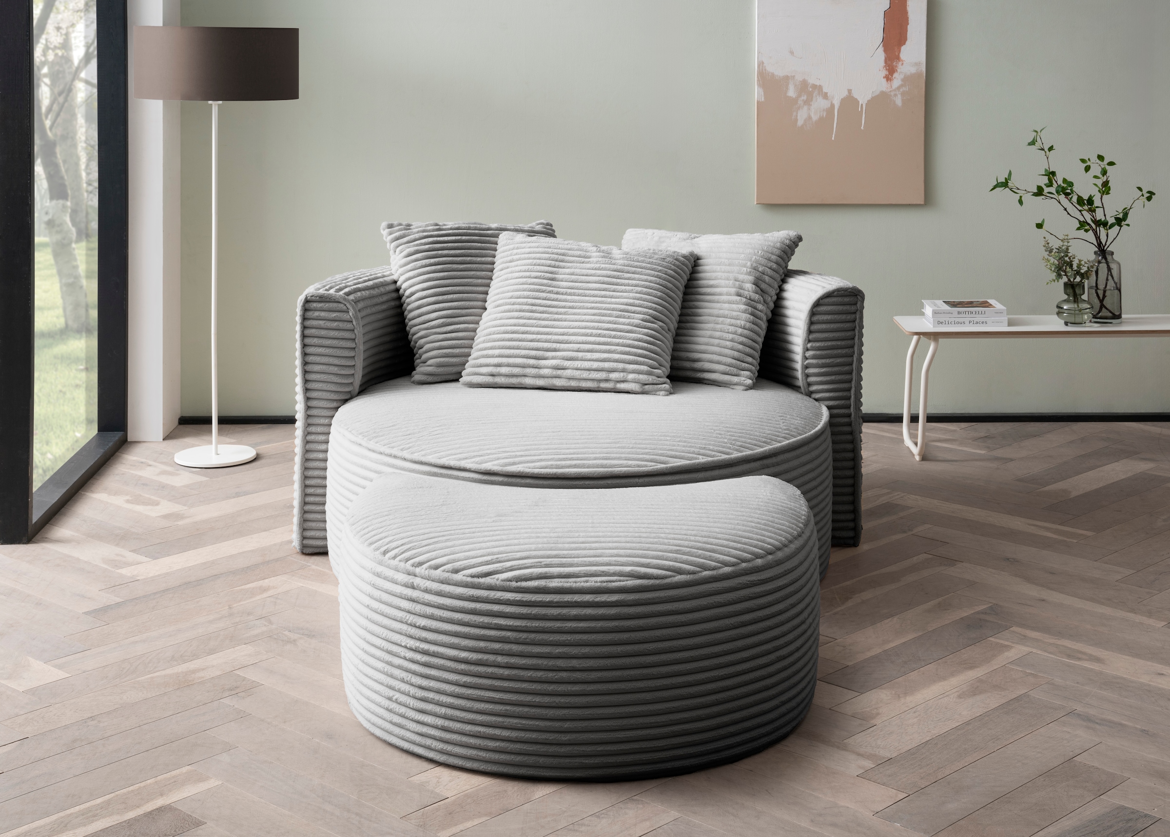 LeGer Home by Lena Gercke XXL-Sessel »ISALIE, Rundsessel mit Hocker, Lesesessel, Loveseat, Big-Sessel«, (Set), trendige Stoffe, mit 3 Zierkissen, große Sitzfläche