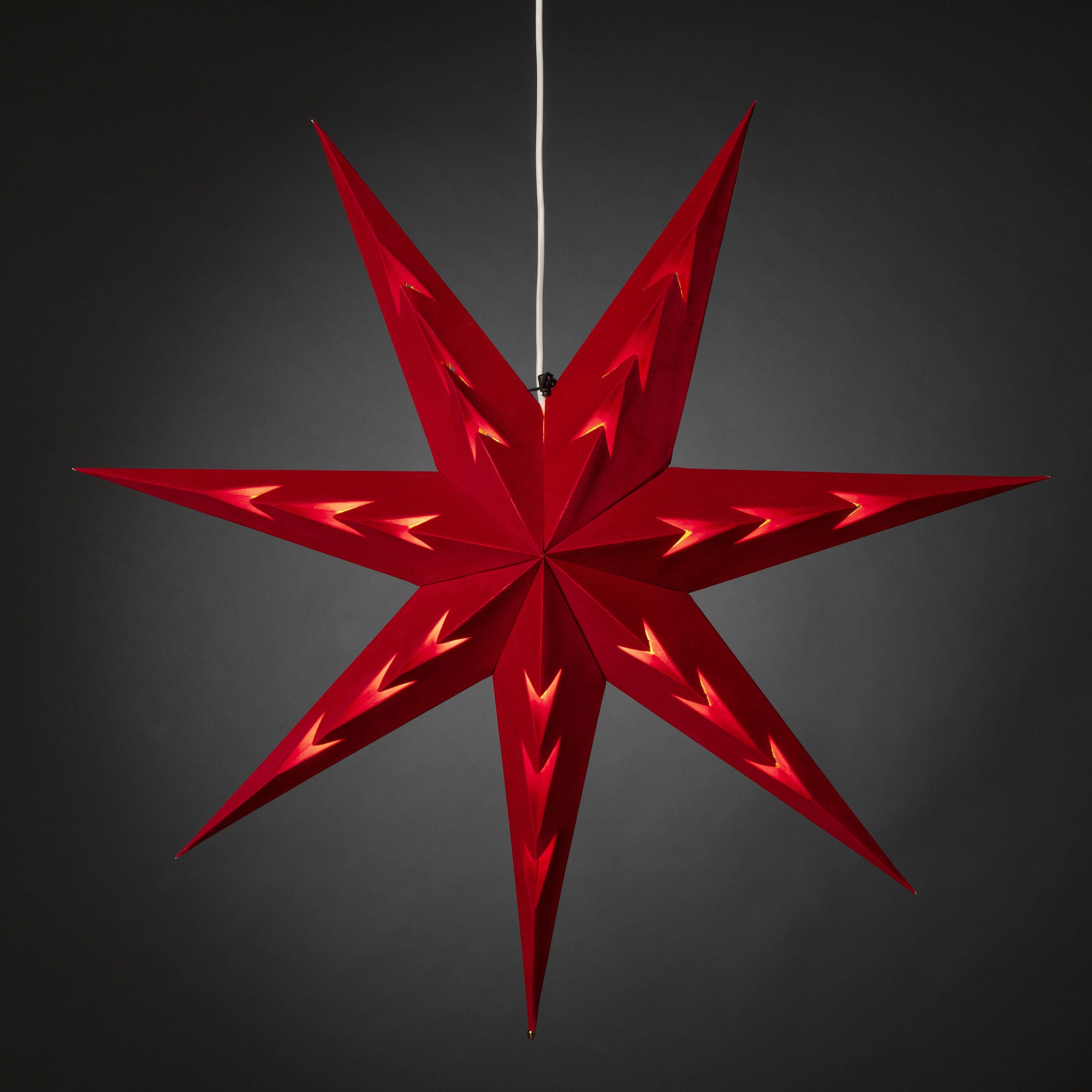 KONSTSMIDE Dekostern Papierstern mit LED-Technik,rotem Samt, V-förmig perforiert, 7 Zacken