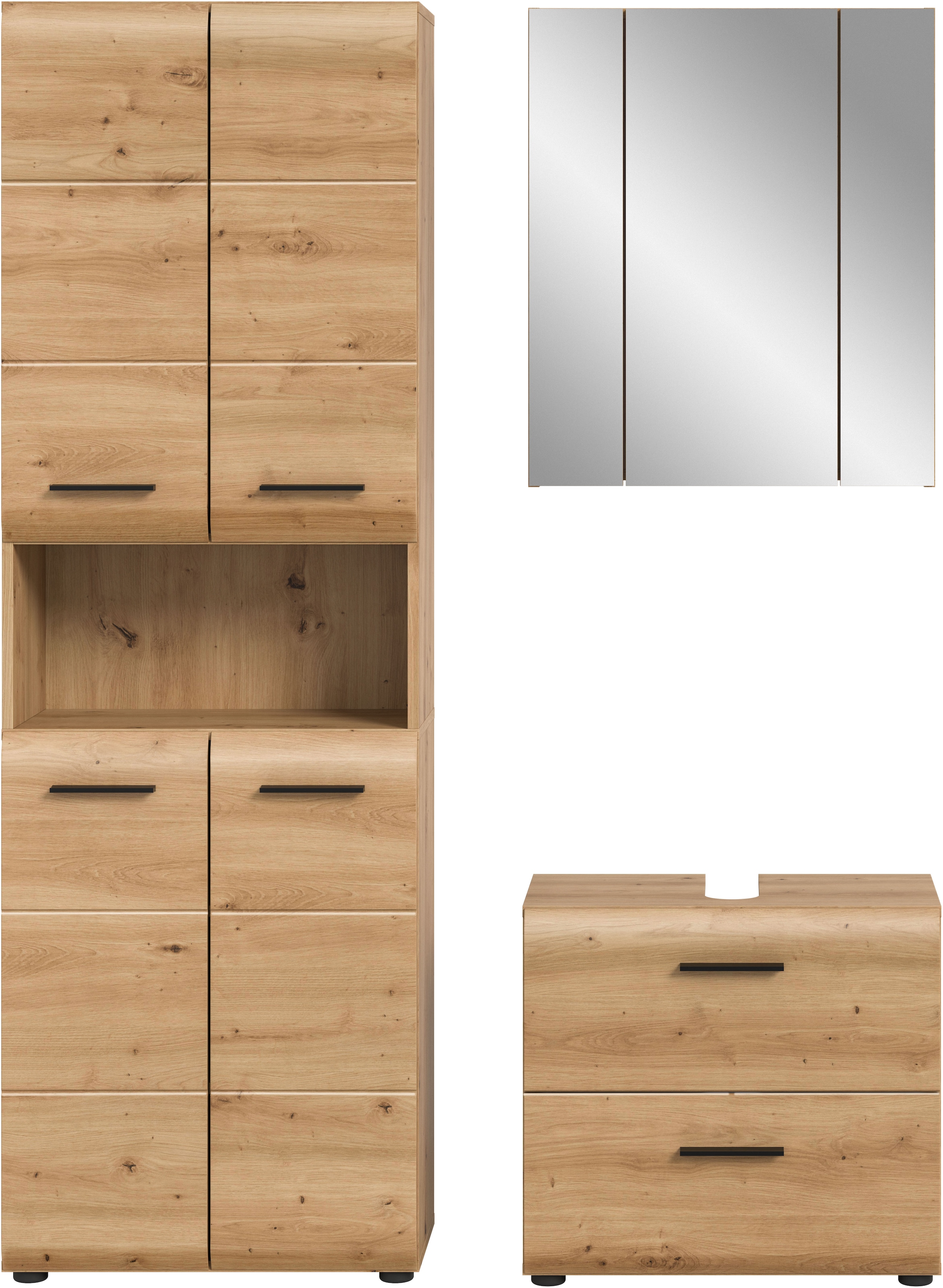 INOSIGN Badmöbel-Set »FLORENZ, TOPSELLER!, 3-teilige Badkombination, hochwertige MDF-Front«, (Set, 3 St., best. aus: 1 Hochschrank, 1 Waschbeckenunterschrank, 1 Spiegelschrank), Florenz, Badkombination 3-tlg., Artisan Oak NB, Hochschrank, WBU