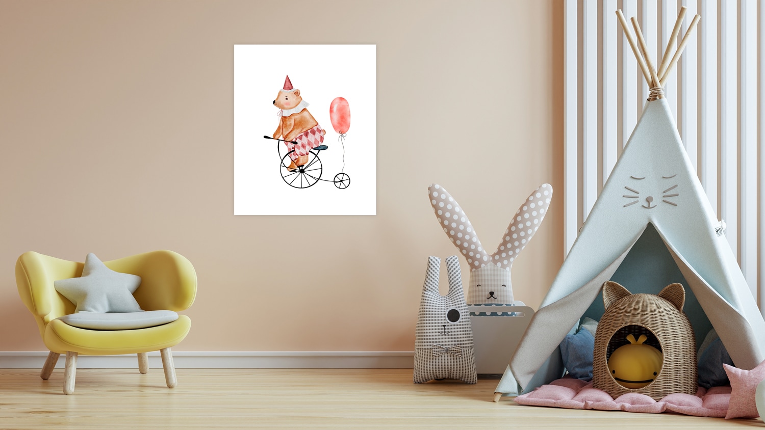 Lüttenhütt Bild mit Rahmen »oder Poster, Bär mit Luftballon«, Bär-Fahrräder-Fahrzeuge-Fantasy-Karneval-Luftballon-Tiere, (1 St.), HD Premium Druck