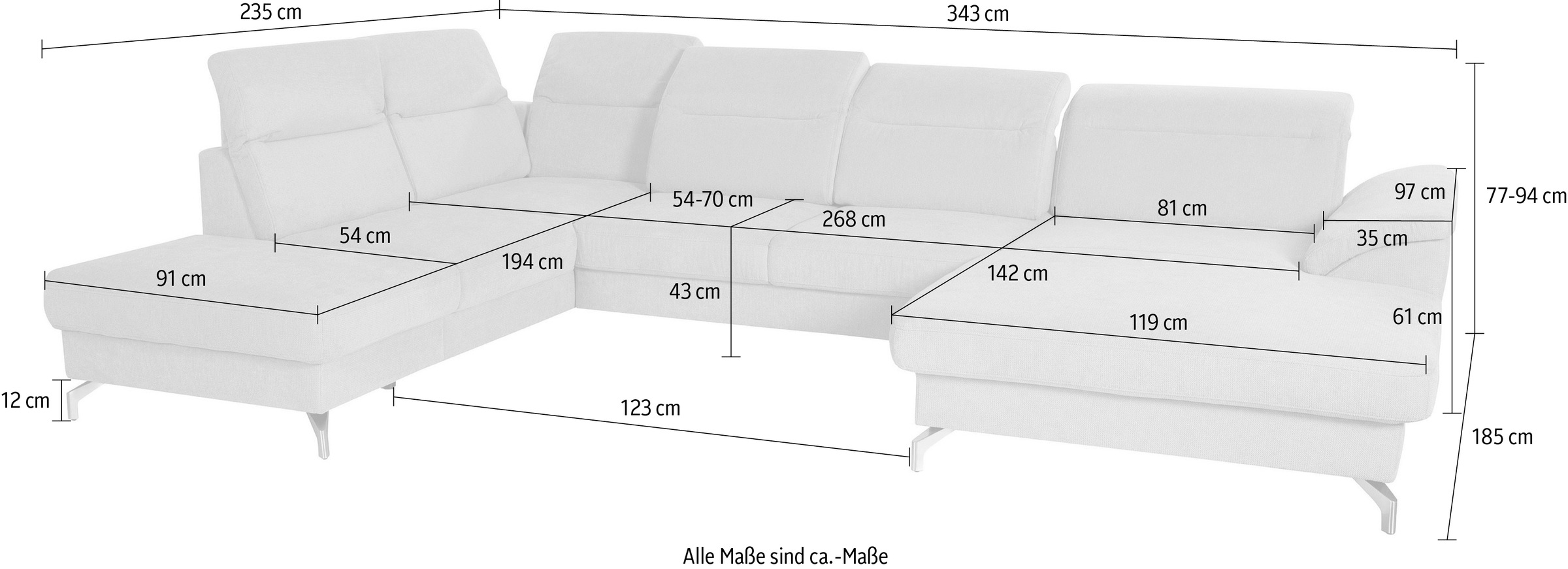 sit&more Wohnlandschaft »Percy U-Form«, 12 cm Fußhöhe, Sitztiefenverstellung, wahlweise in 2 Fußfarben