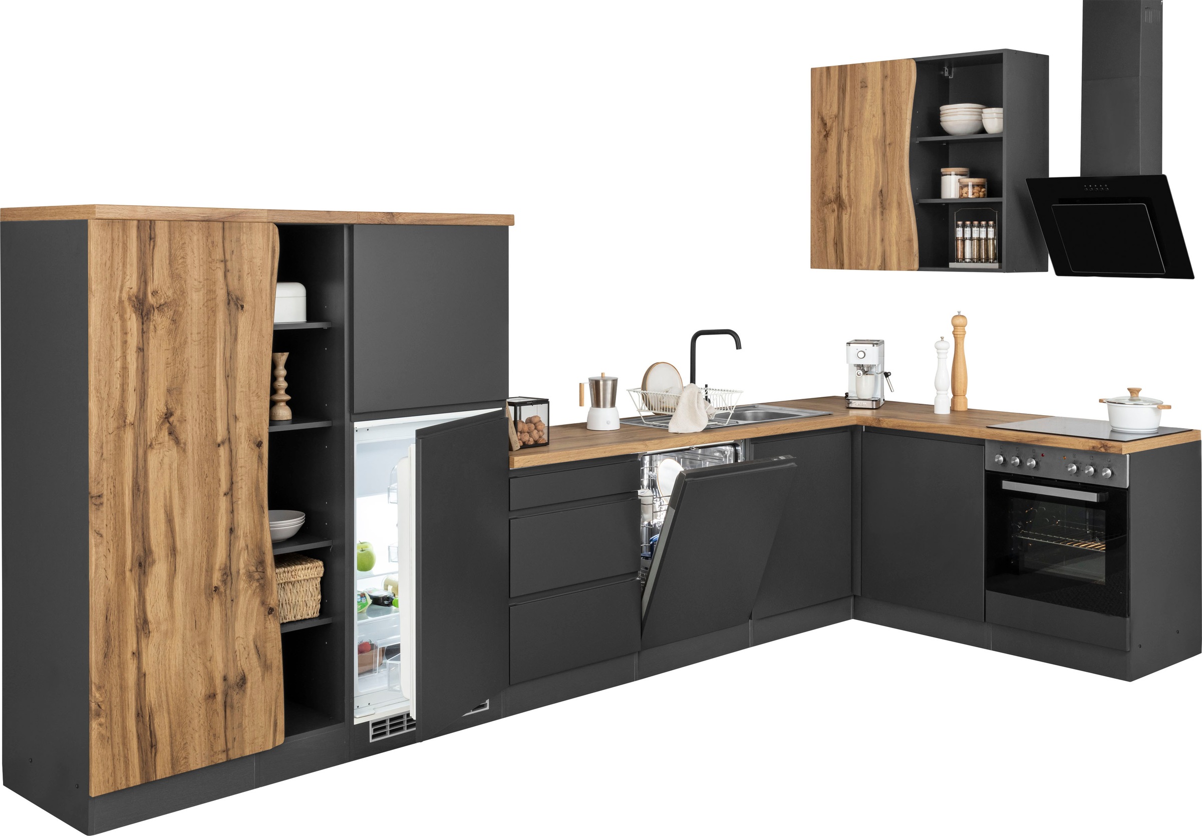 KOCHSTATION Winkelküche »KS-Bruneck«, Stellbreite 380/180 cm breit, wahlweise mit oder ohne E-Geräte, MDF