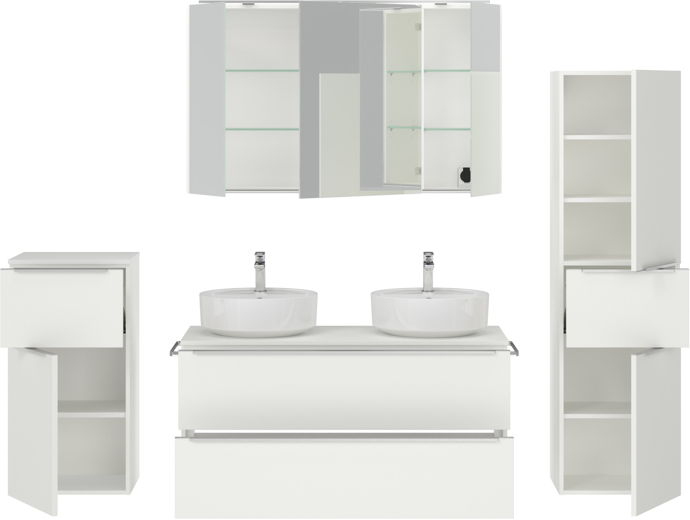 nobilia® Badmöbel-Set »Alvene«, (4 St., vormontiert, mit Soft-Close), inkl. Spiegelschrank mit Beleuchtung und Dimmerfunktion, in 4 Breiten