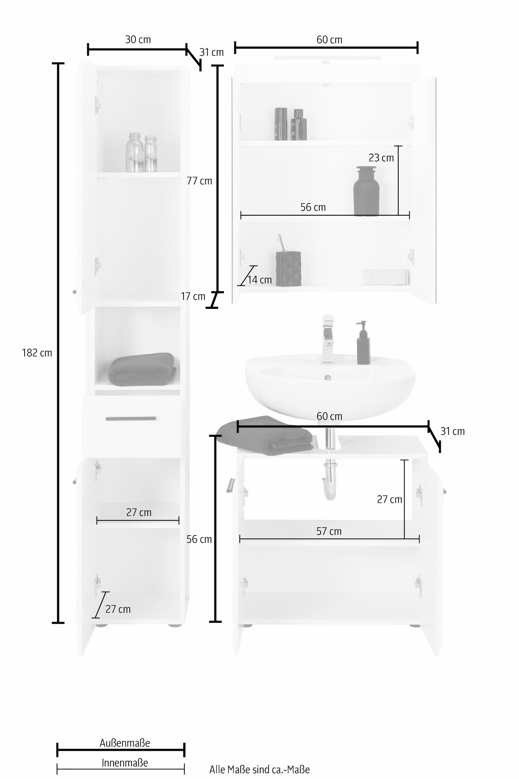 INOSIGN Badmöbel-Set »Sovana«, (Set, 3 St.), Spiegelschrank mit LED-Beleuchtung, Hochschrank und Waschbeckenschrank
