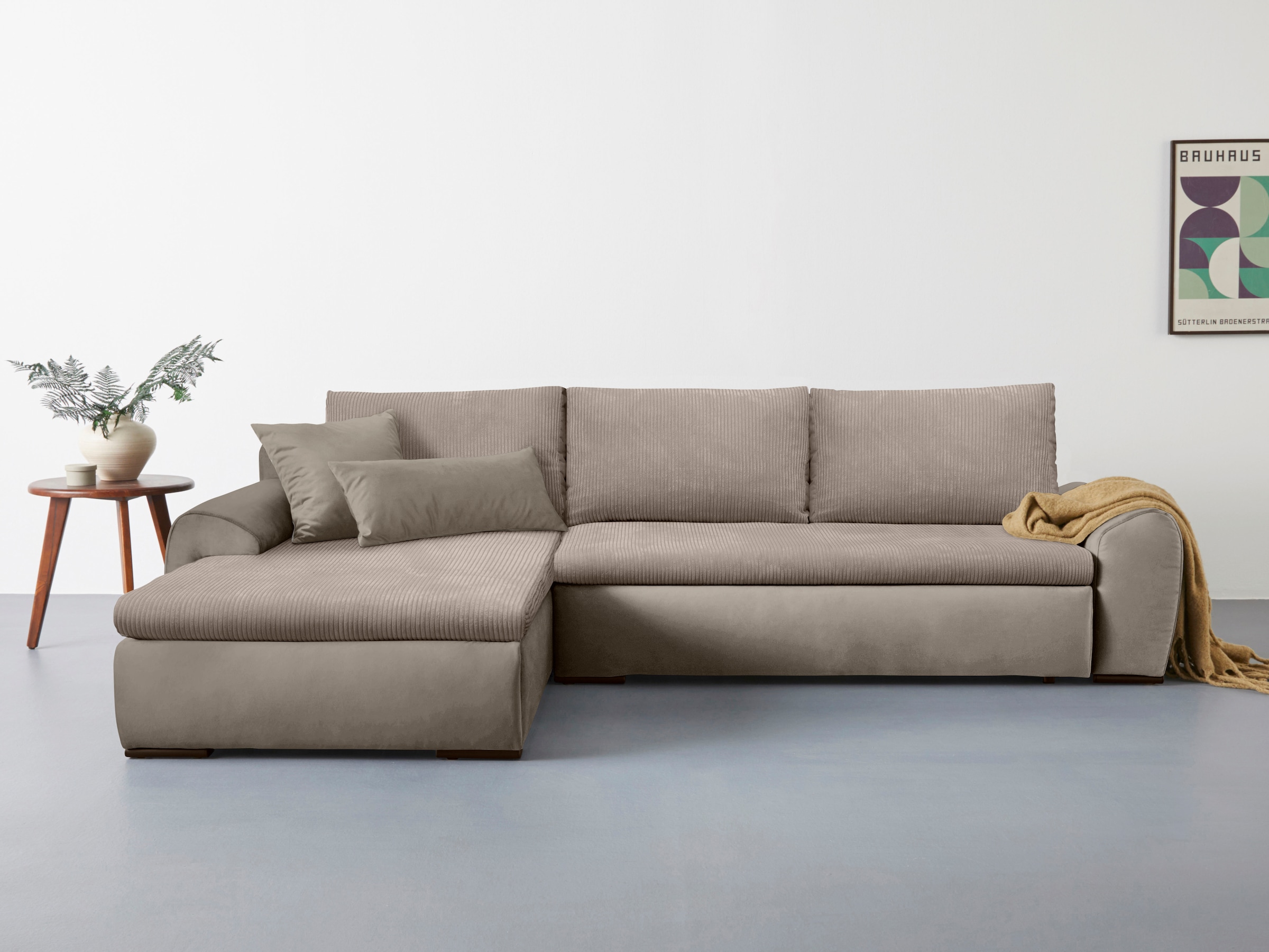 Home affaire Ecksofa »Win L-Form«, optional mit Schlaffunktion und Bettkasten, taupe, Cord