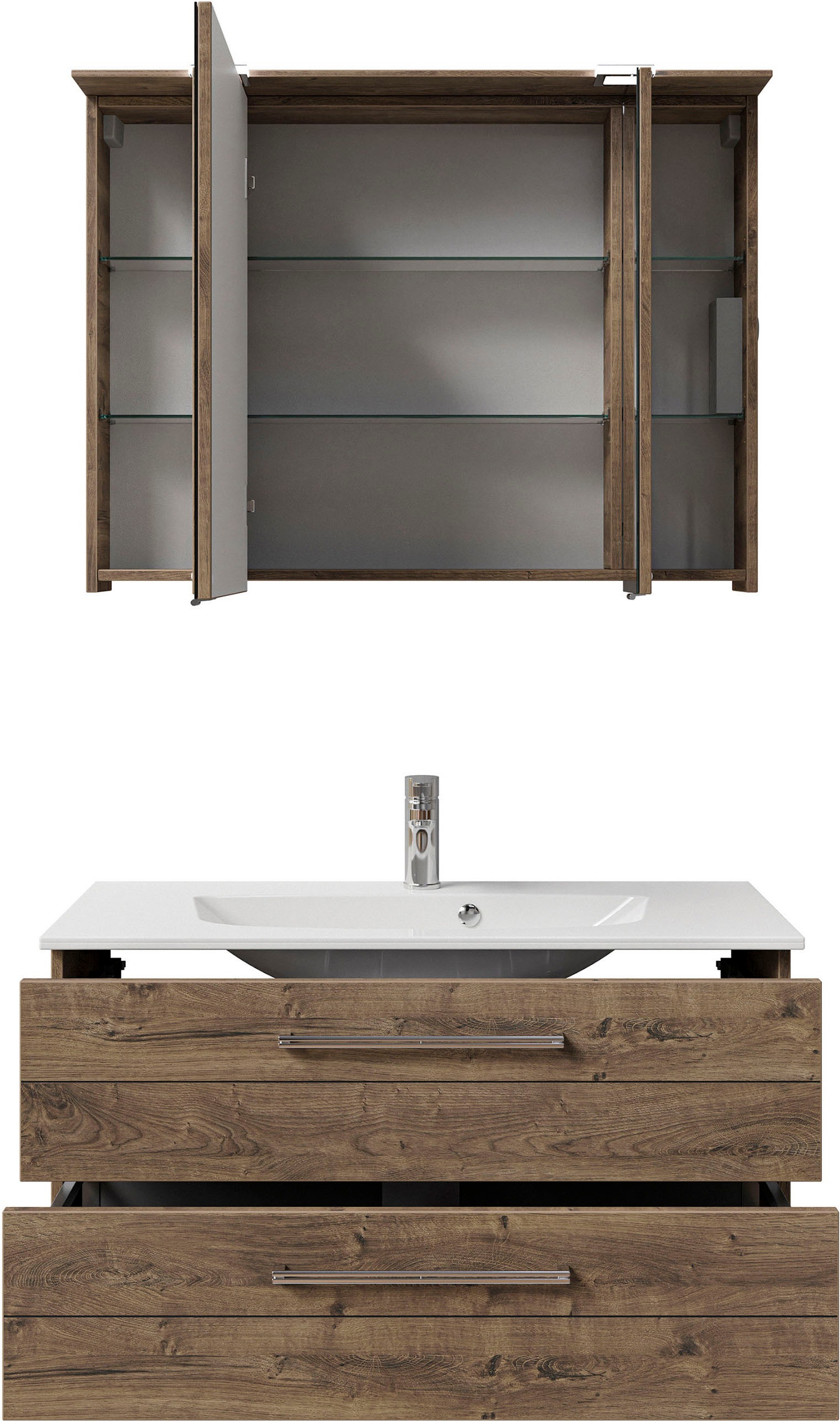 Saphir Badmöbel-Set »Serie 6025 2-teilig Mineralmarmor-Waschtisch mit LED-Spiegelschrank«, (2 St.), Waschplatz 97 cm breit, 2 Schubladen, 3 Spiegel-Türen, inkl Türdämpfer