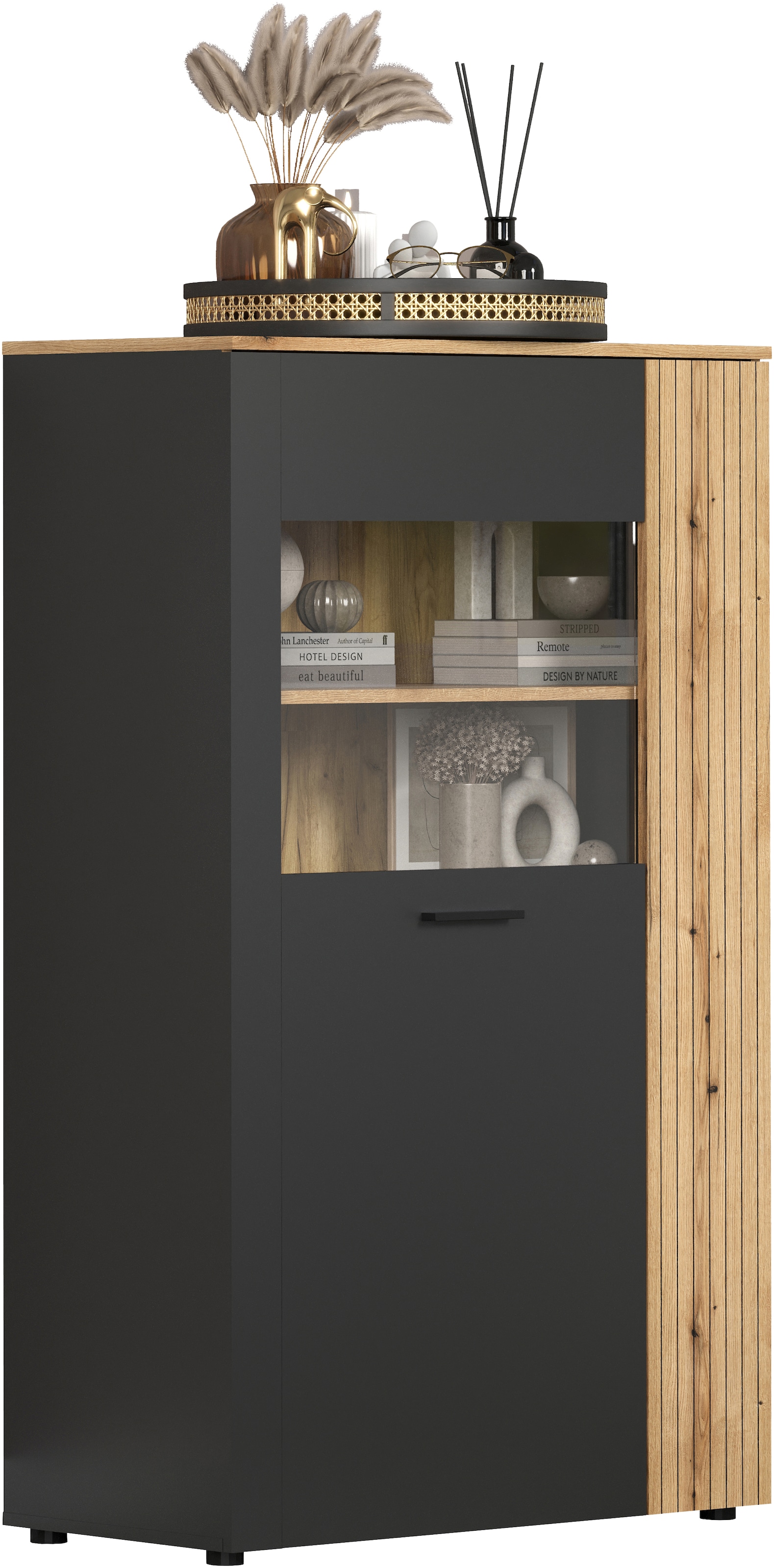 INOSIGN Highboard »Estepona«, (1 St.), Vitrine mit Rillenoptik - Türen links oder rechts montierbar