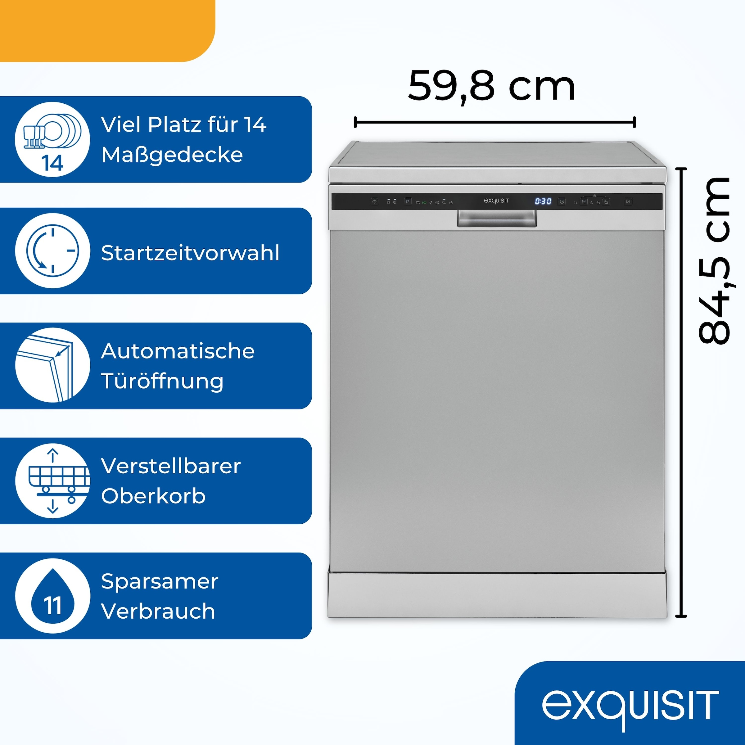 exquisit Standgeschirrspüler 6314 »GSP6314-030C silber« 10,2 l 14 tlg. Maßgedecke 14 Maßgedecke, 6 Programme, LED, Besteckschublade