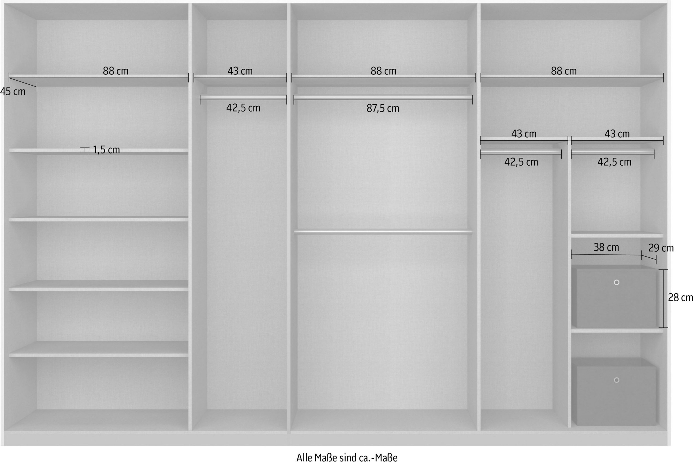 rauch Schwebetürenschrank »Schwebetürenschrank Kleiderschrank Schrank Garderobe CORTONA«, inkl. Inneneinteilung, 2 Stoffboxen und zusätzlichen Einlegeböden